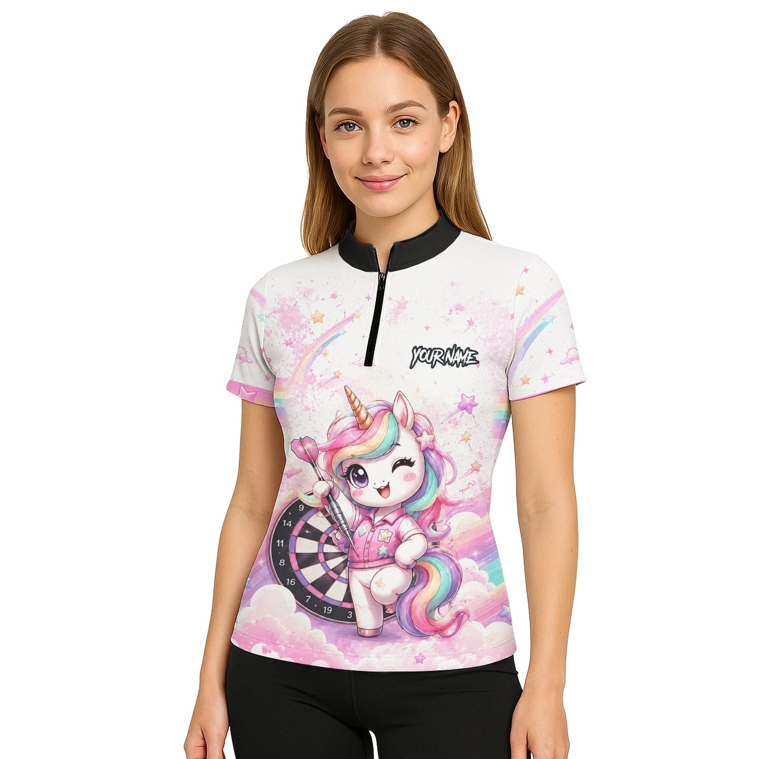 Personalised Pink & White Rainbow Unicorn Darts Shirt For Women F188