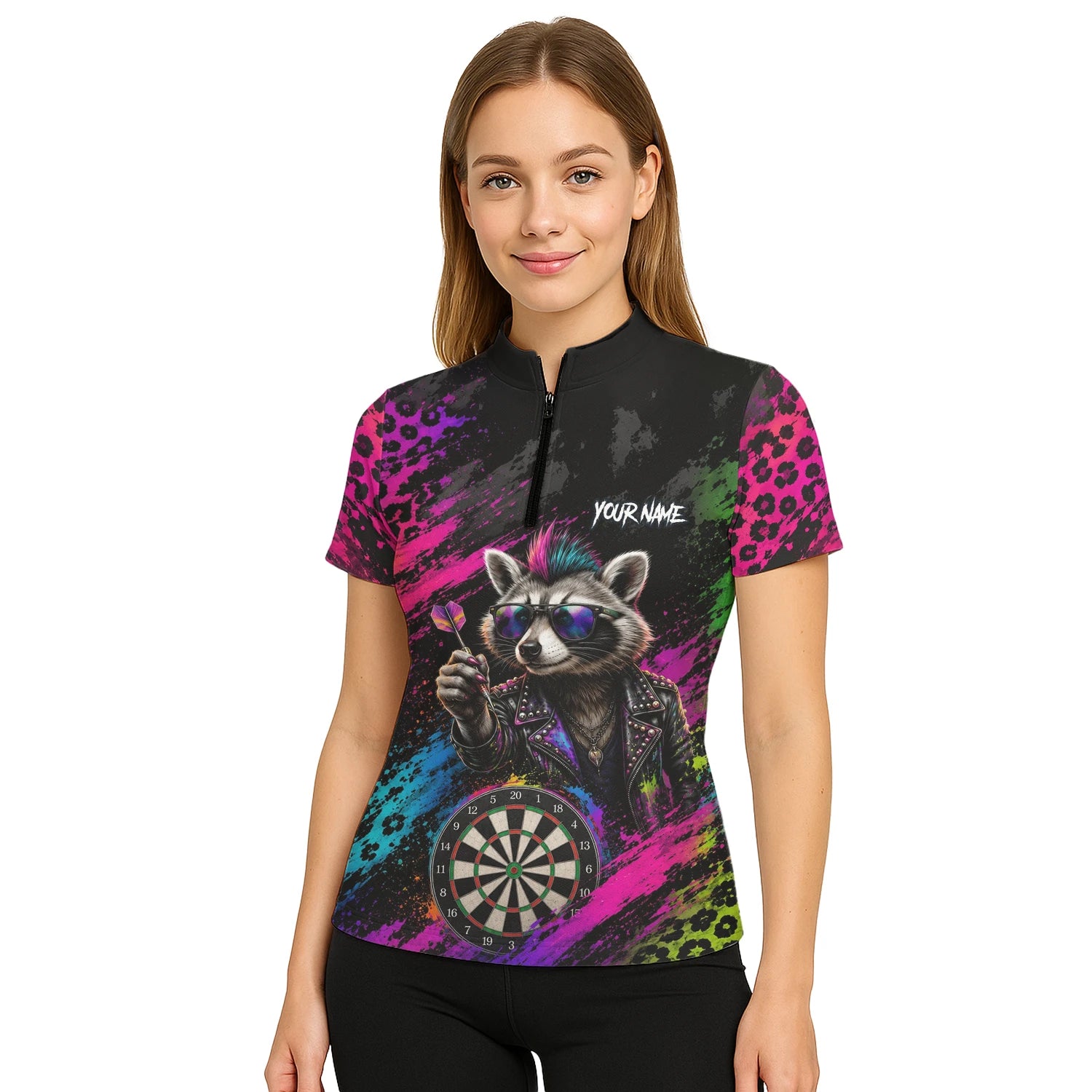 Personalised Black Multicolour Punk Raccoon Dartboard Darts Shirt For Women E164