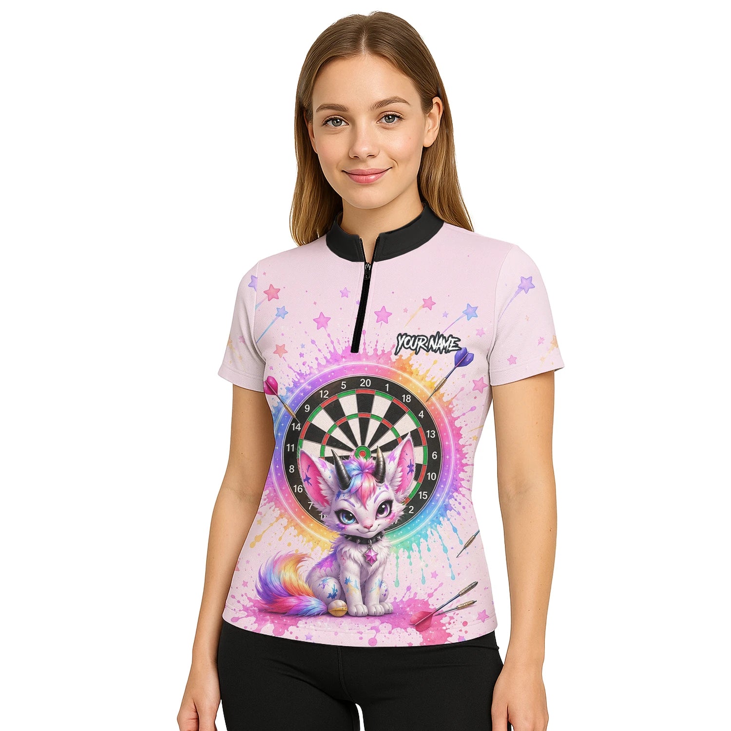 Personalised Pink & Rainbow Fantasy Cat Unicorn Darts Shirt For Women X398
