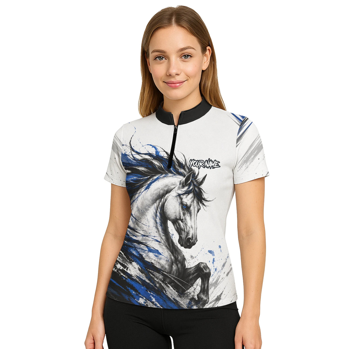 Personalised White Black Blue Rearing Horse Darts Shirt For Women O686