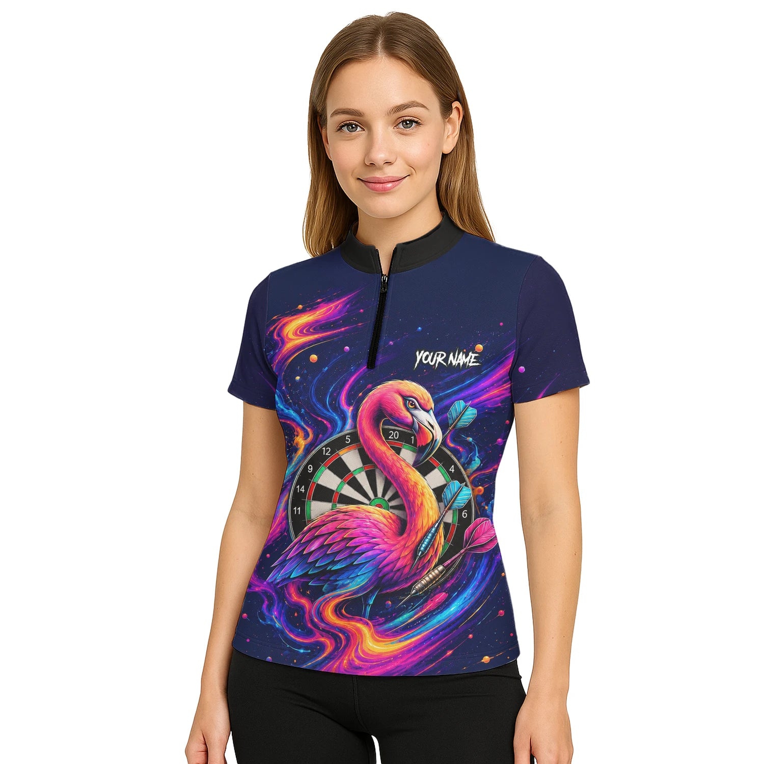 Personalised Neon Flamingo Galaxy Darts Polo Shirt For Women D064