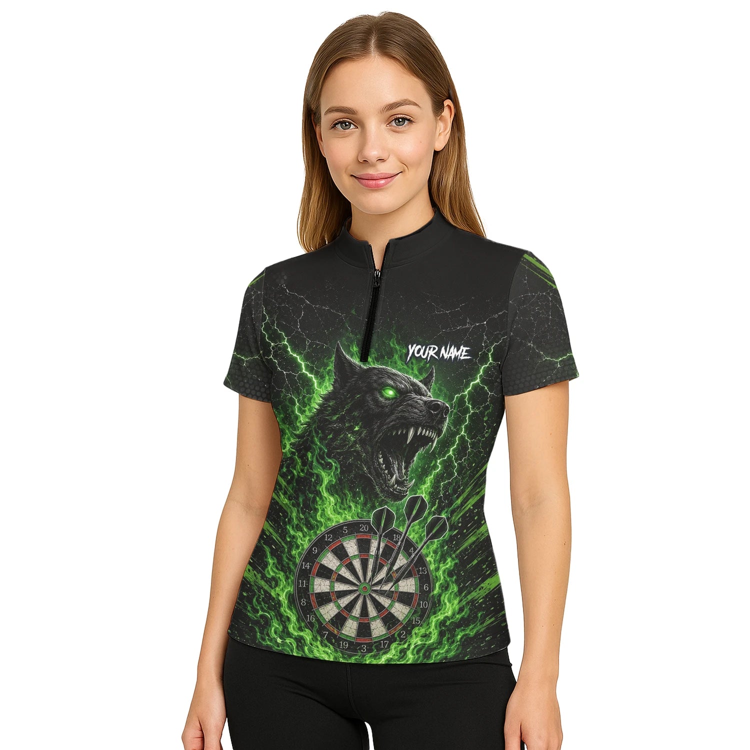 Personalised Black & Green Wolf Dartboard Darts Shirt For Women F303