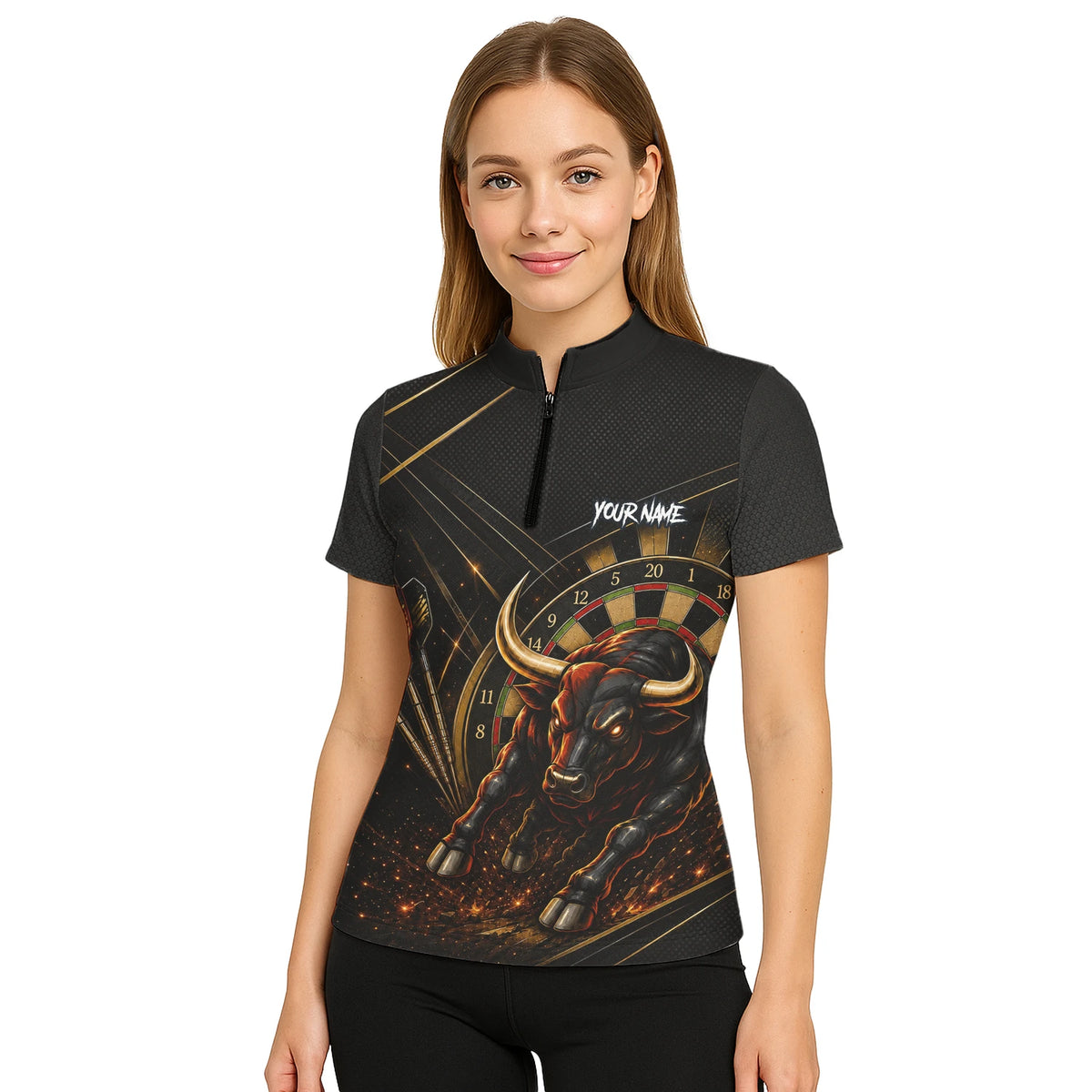Personalised Black & Gold Bull Darts Polo Shirt For Women K607