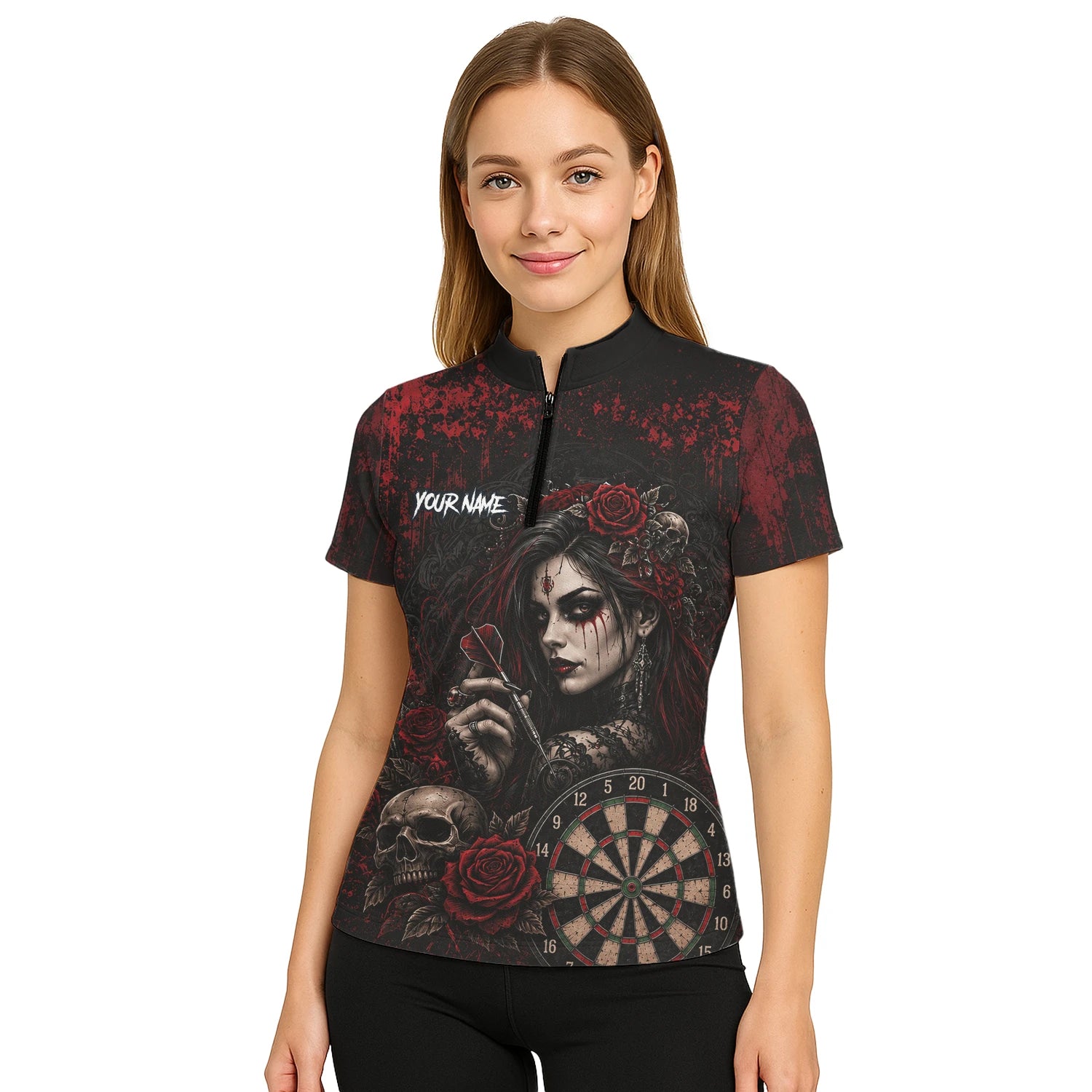 Personalised Black & Red Gothic Woman Skull Darts Shirt For Women W035