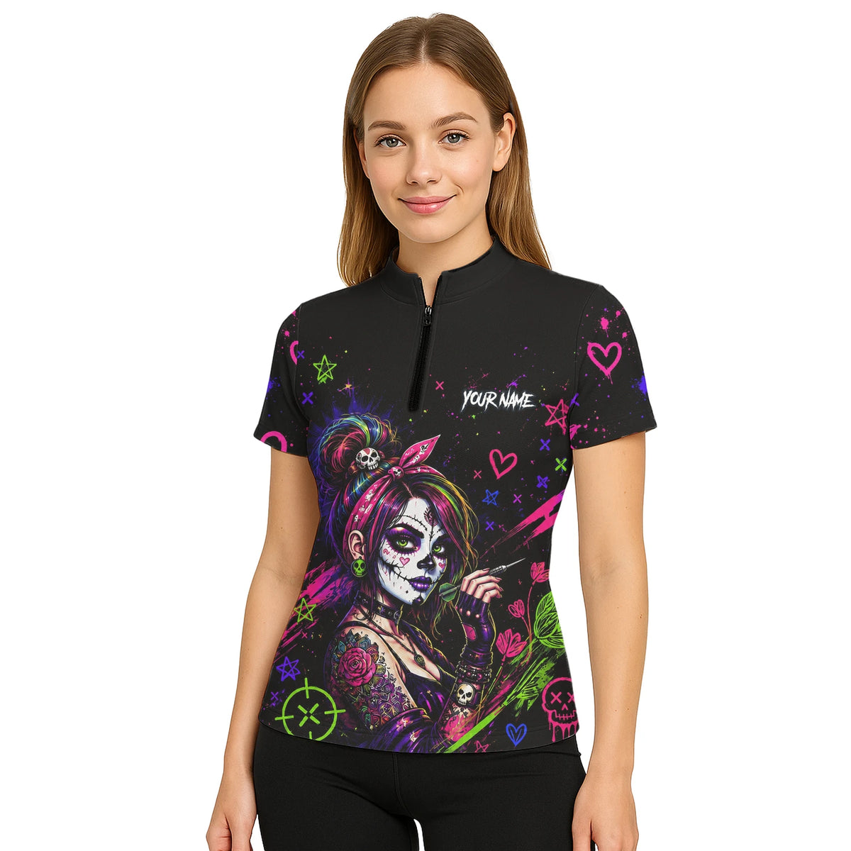 Personalised Black Neon Sugar Skull Woman Darts Shirt For Women K745