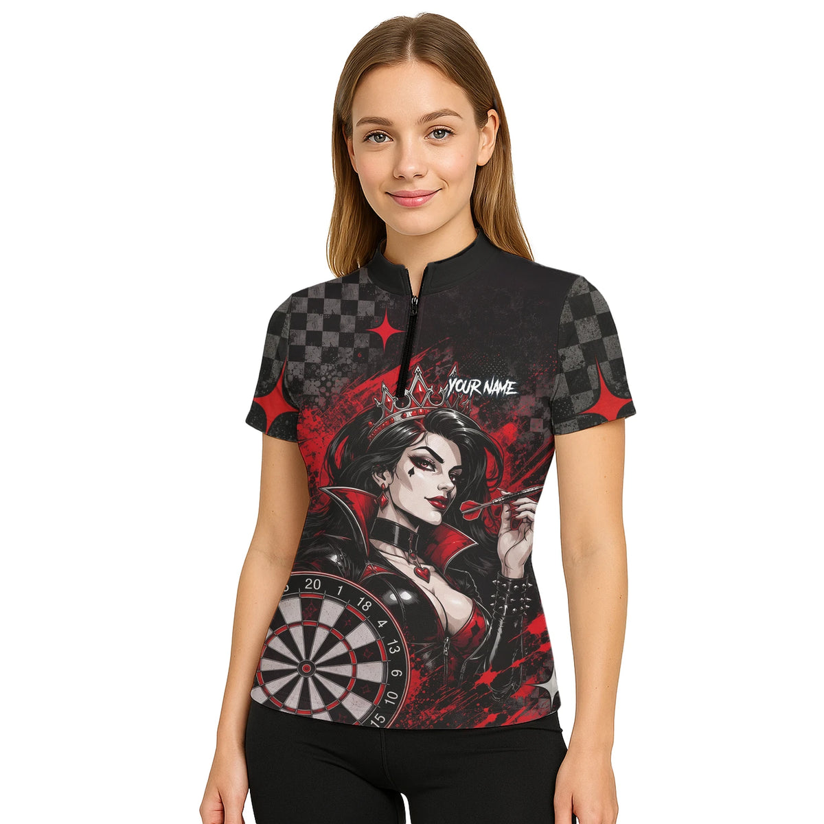 Personalised Black & Red Queen of Hearts Darts Shirt For Women R803