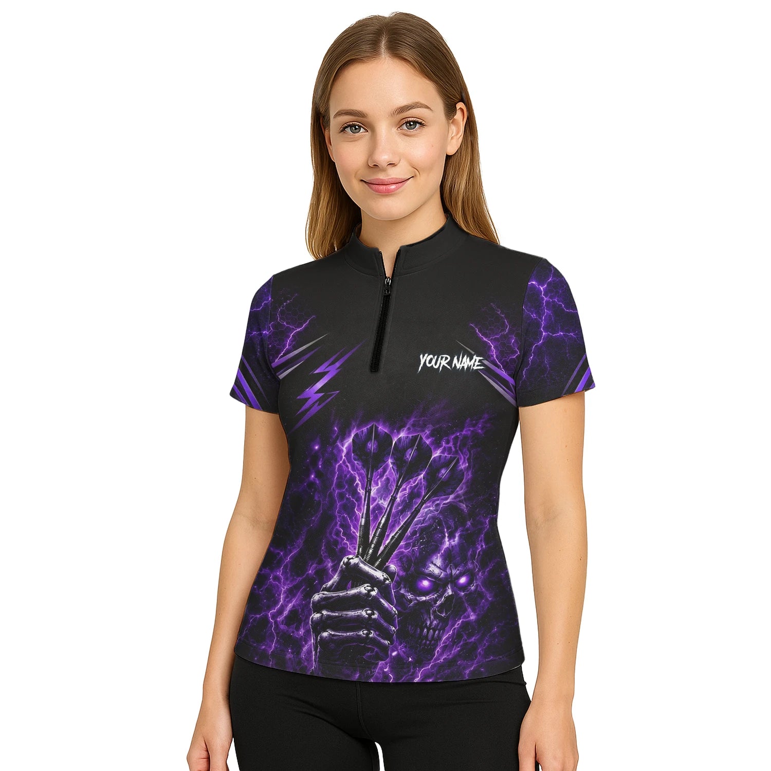 Personalised Black & Purple Lightning Skeleton Hand Darts Shirt For Women H822