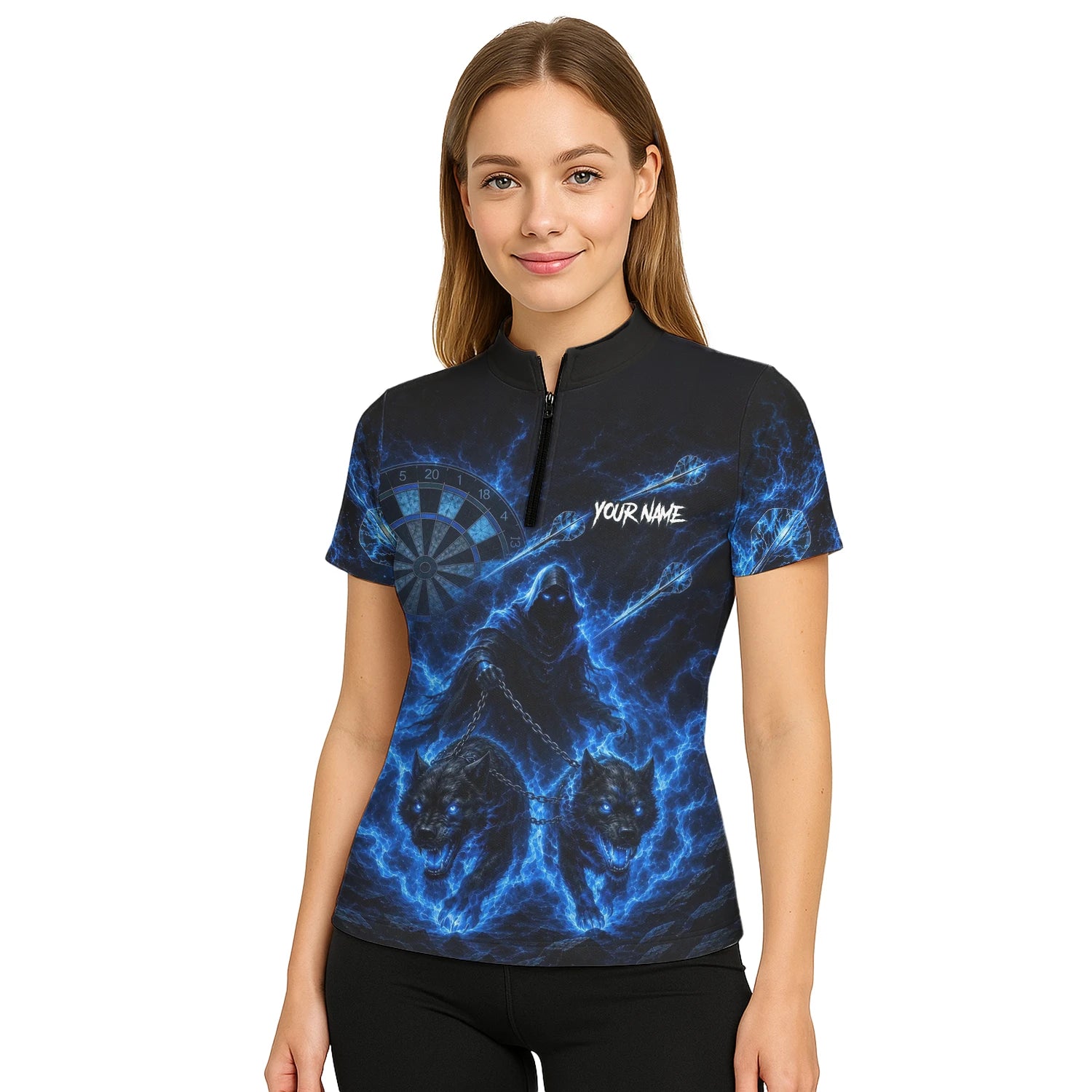 Personalised Black & Blue Grim Reaper and Wolves Darts Shirt For Women X871