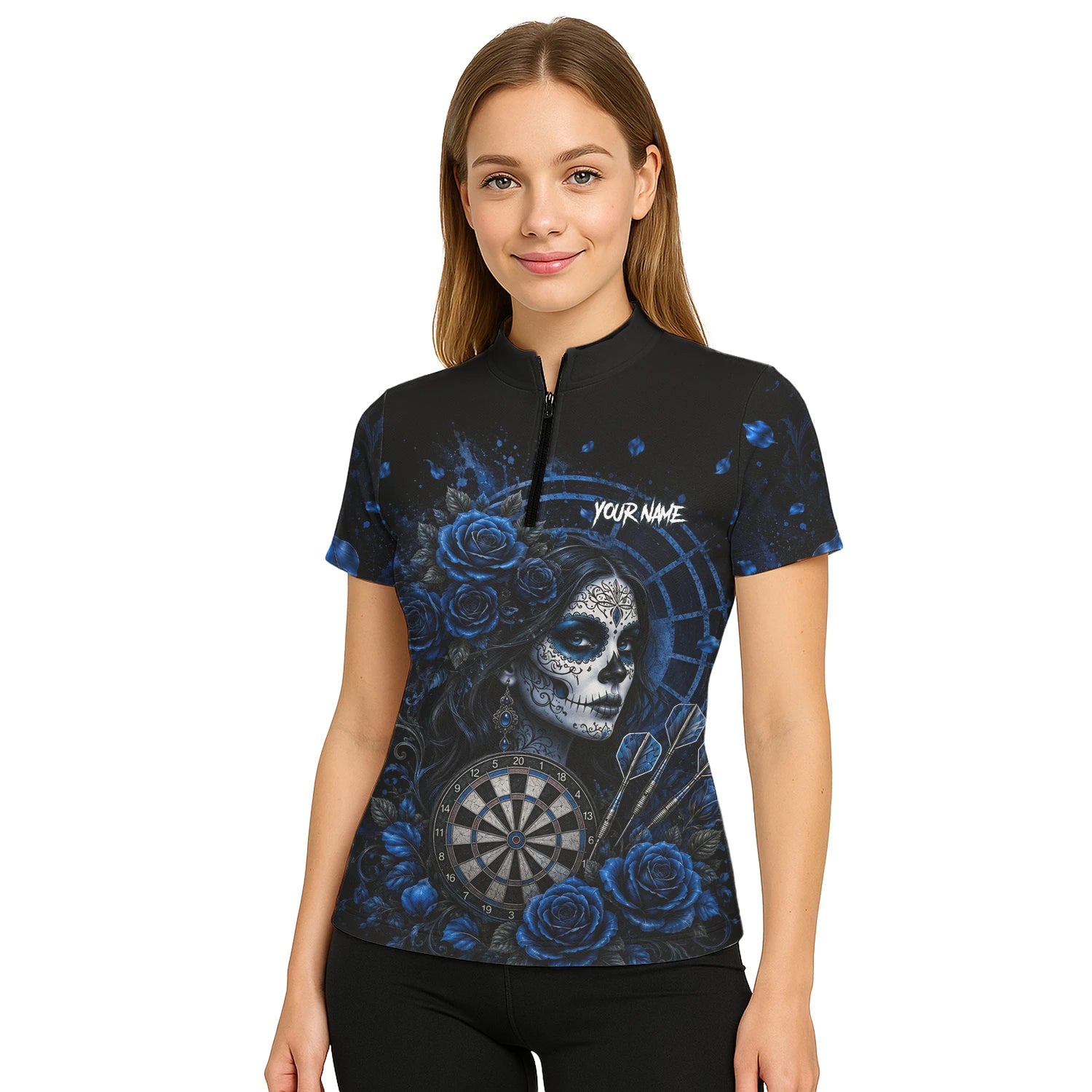 Personalised Black & Blue Sugar Skull Roses Darts Shirt For Women I884