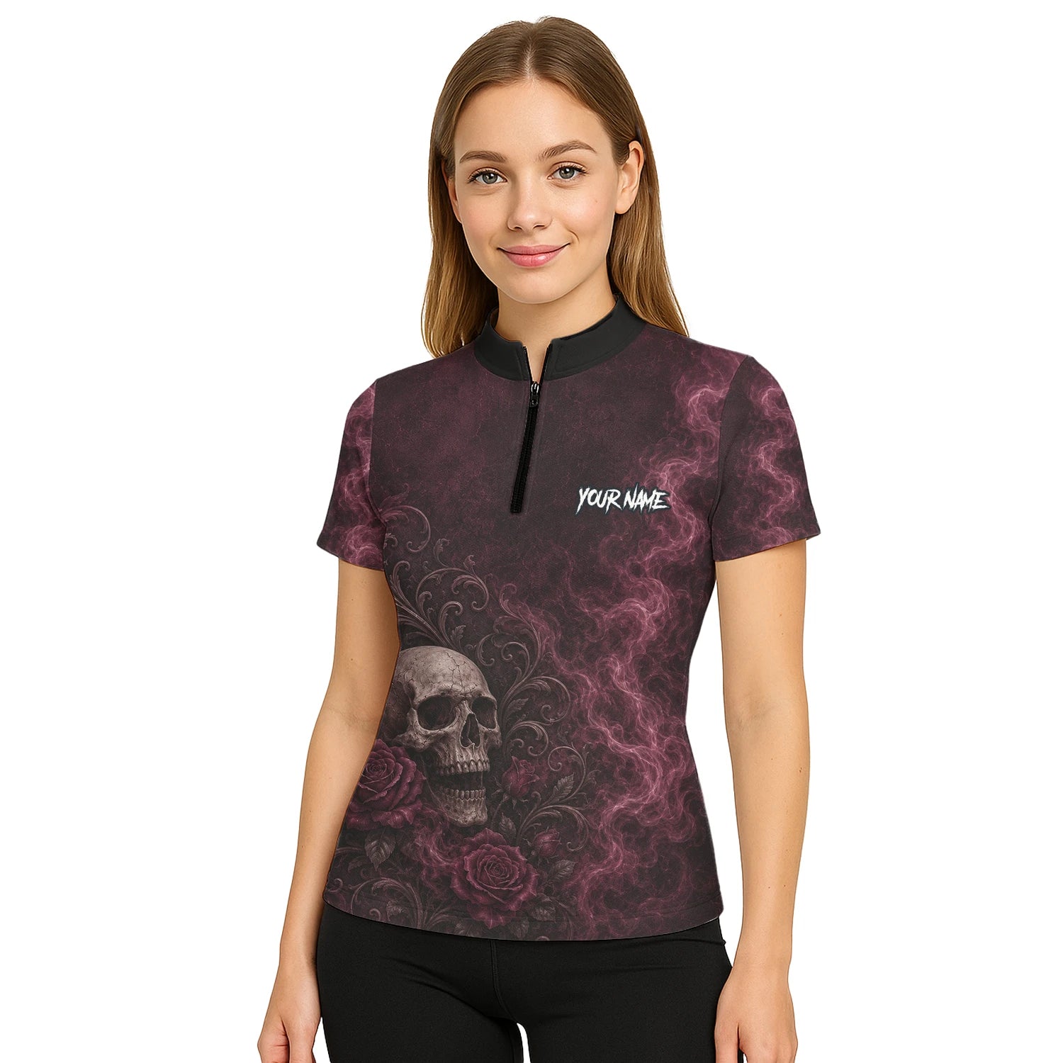 Personalised Burgundy & Black Skull Rose Darts Shirt For Women U786