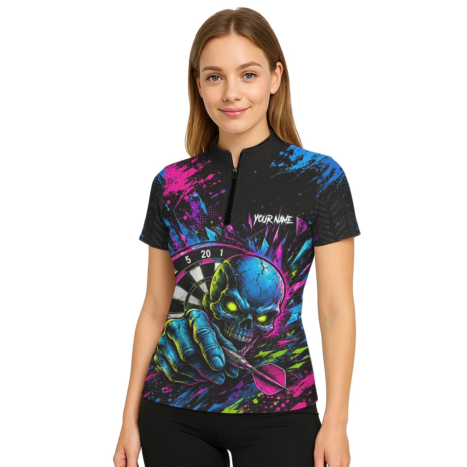 Personalised Neon Blue Green & Pink Skull Dartboard Darts Shirt For Women S232