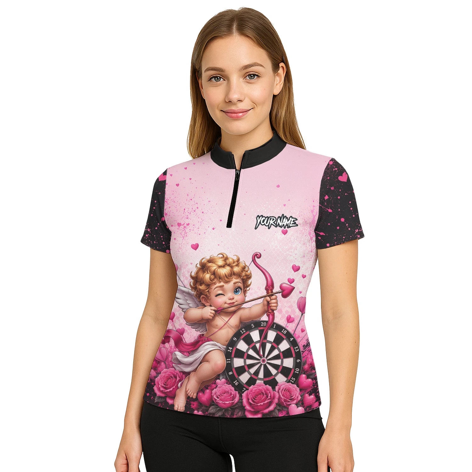 Personalised Pink & Black Cupid Dartboard Darts Shirt For Women I643