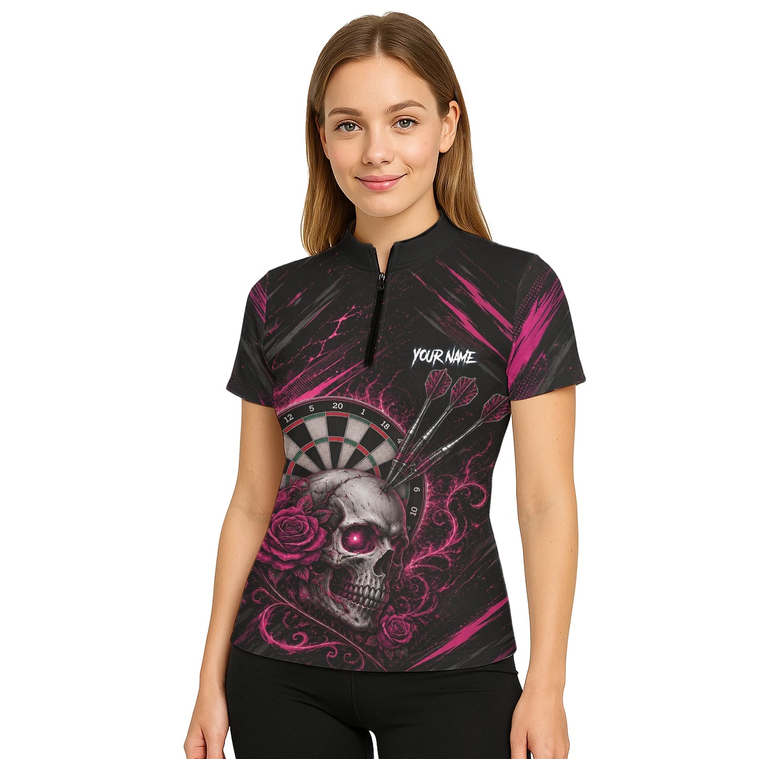 Personalised Black & Pink Skull and Roses Darts Shirt For Women V308