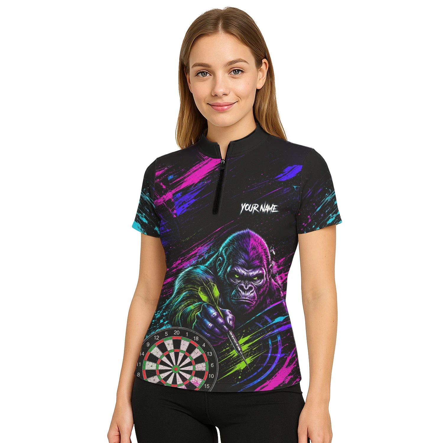 Personalised Black Pink & Purple Gorilla Darts Shirt For Women U874