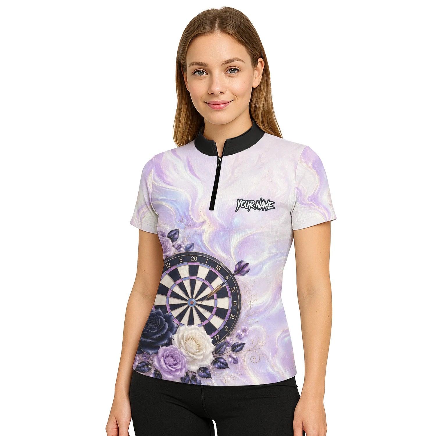 Personalised Purple Marble Rose Darts Polo Shirt For Women S206