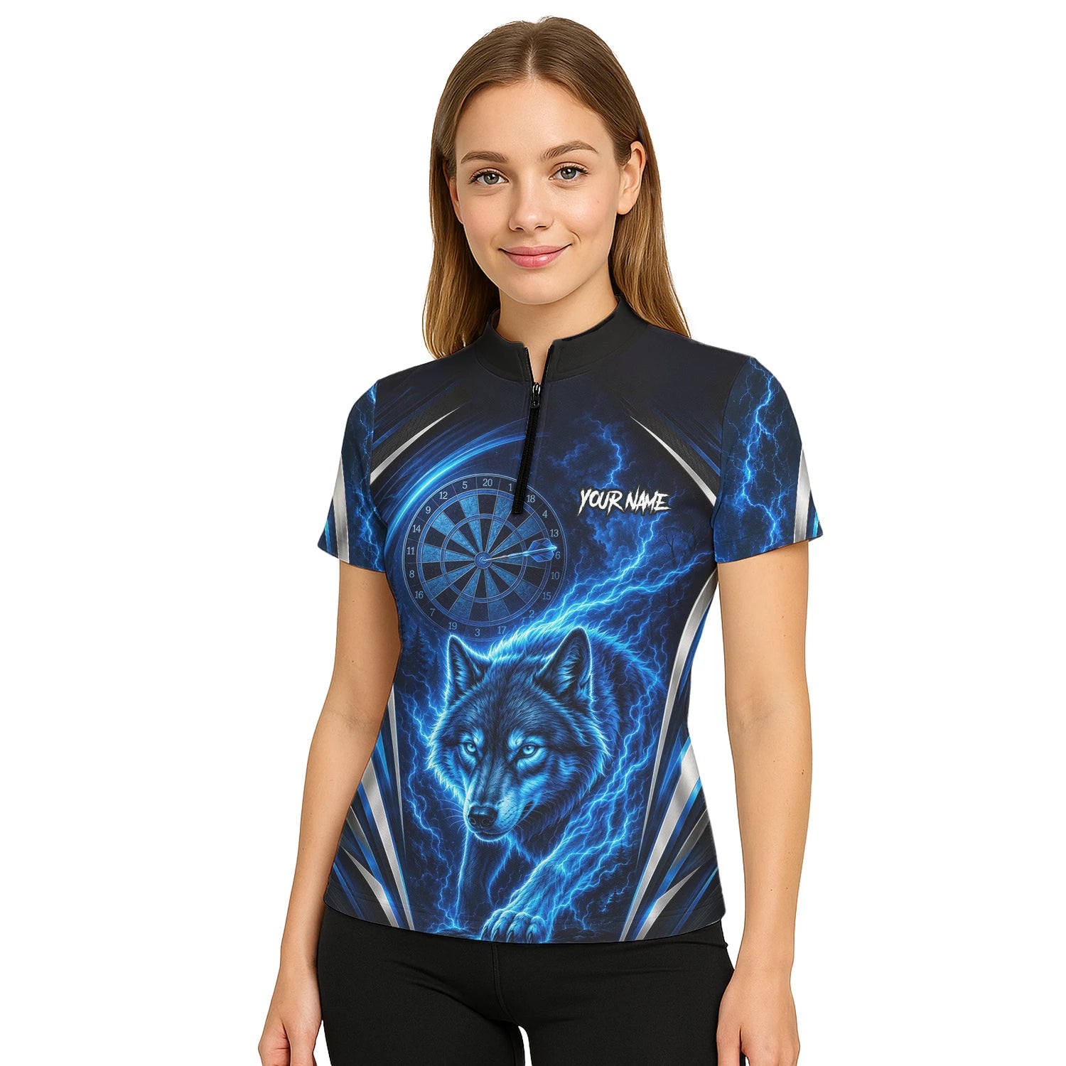 Personalised Black & Blue Wolf Lightning Darts Shirt For Women X929