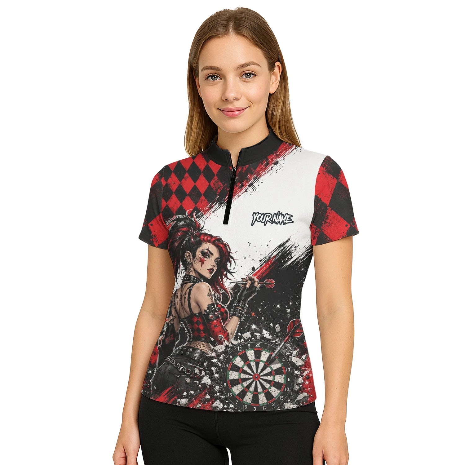 Personalised Red & Black Gothic Harlequin Darts Polo Shirt For Women K572
