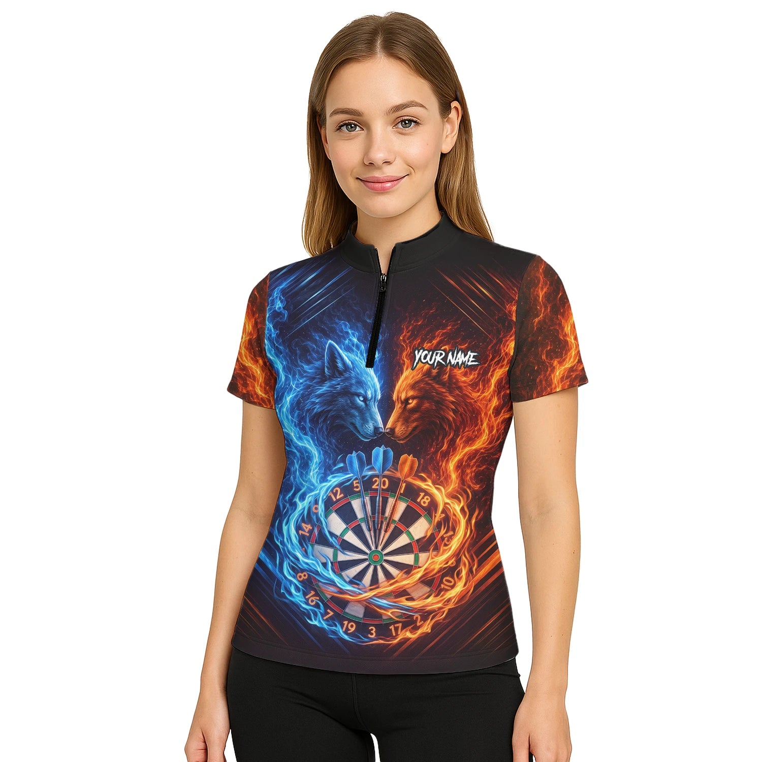 Personalised Blue & Orange Wolf Flame Dartboard Darts Shirt For Women A749