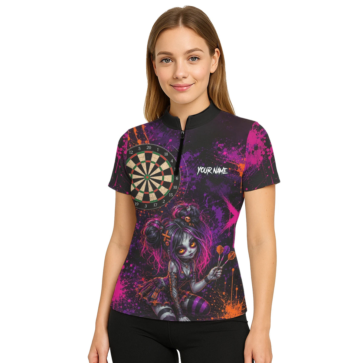 Personalised Black Purple Pink & Orange Gothic Darts Shirt For Women Z641