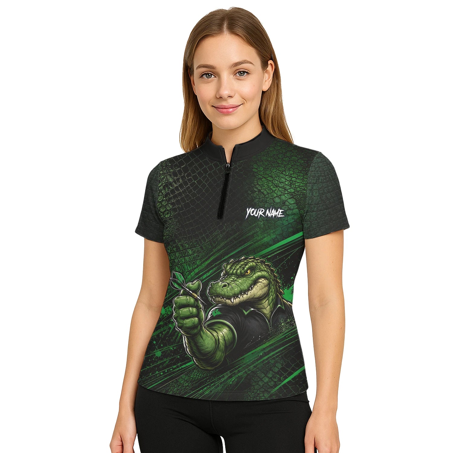 Personalised Black & Green Crocodile Darts Player Shirt For Women I987