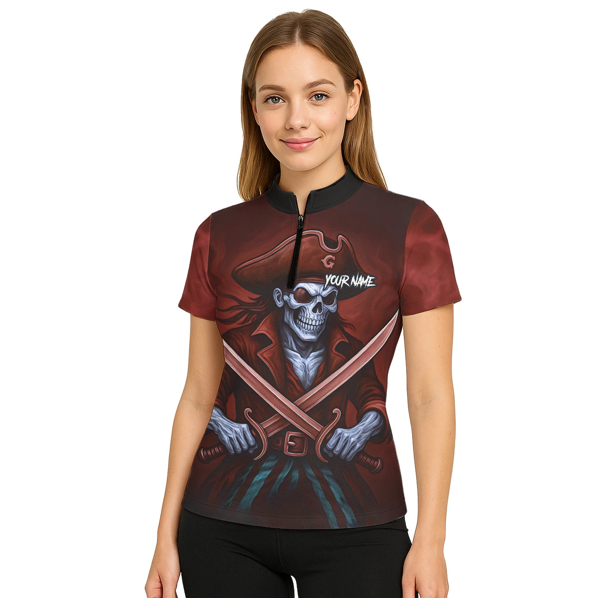 Personalised Red & Black Pirate Skull Crossed Swords Darts Shirt For Women TR8209