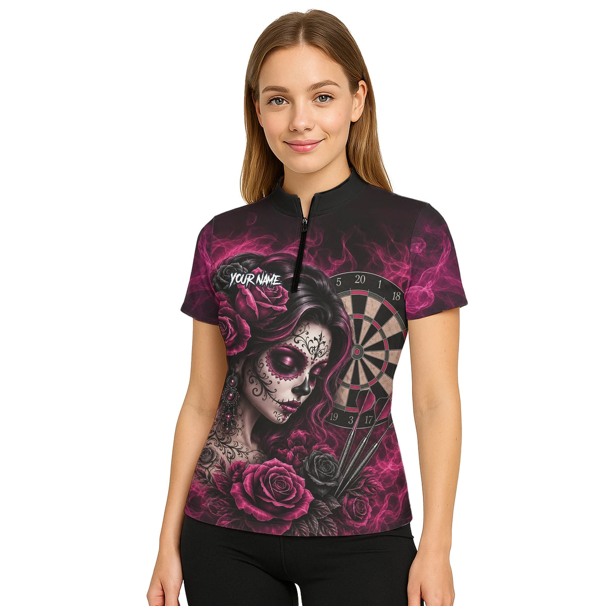 Personalised Black & Pink Sugar Skull Roses Darts Shirt For Women Z109