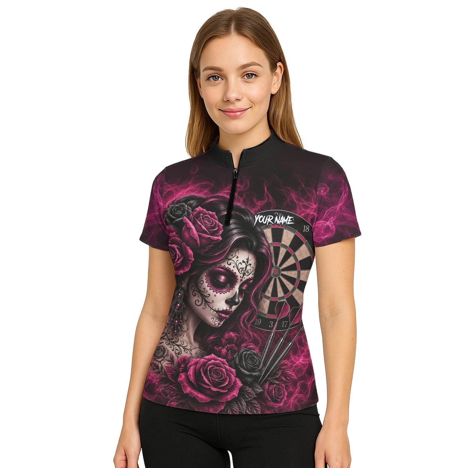 Personalised Black & Pink Sugar Skull Roses Darts Shirt For Women Z109