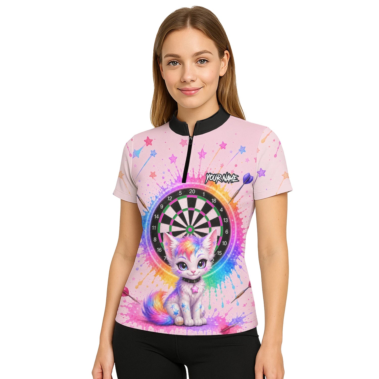Personalised Pink Rainbow Kitten Dartboard Darts Shirt For Women X398