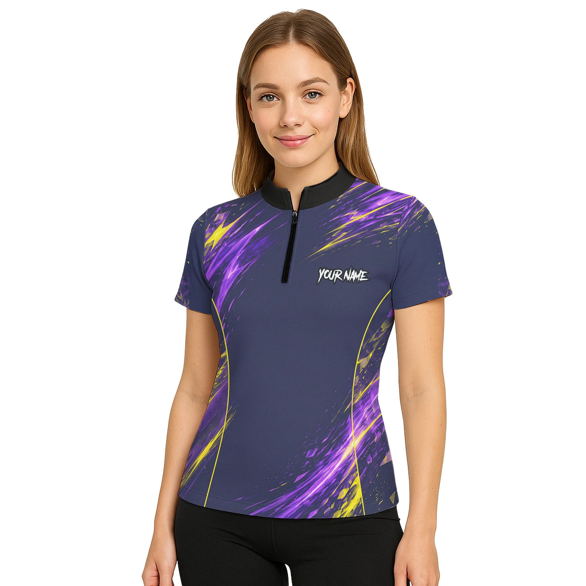 Personalised Navy Purple Yellow Abstract Darts Shirt For Women D517