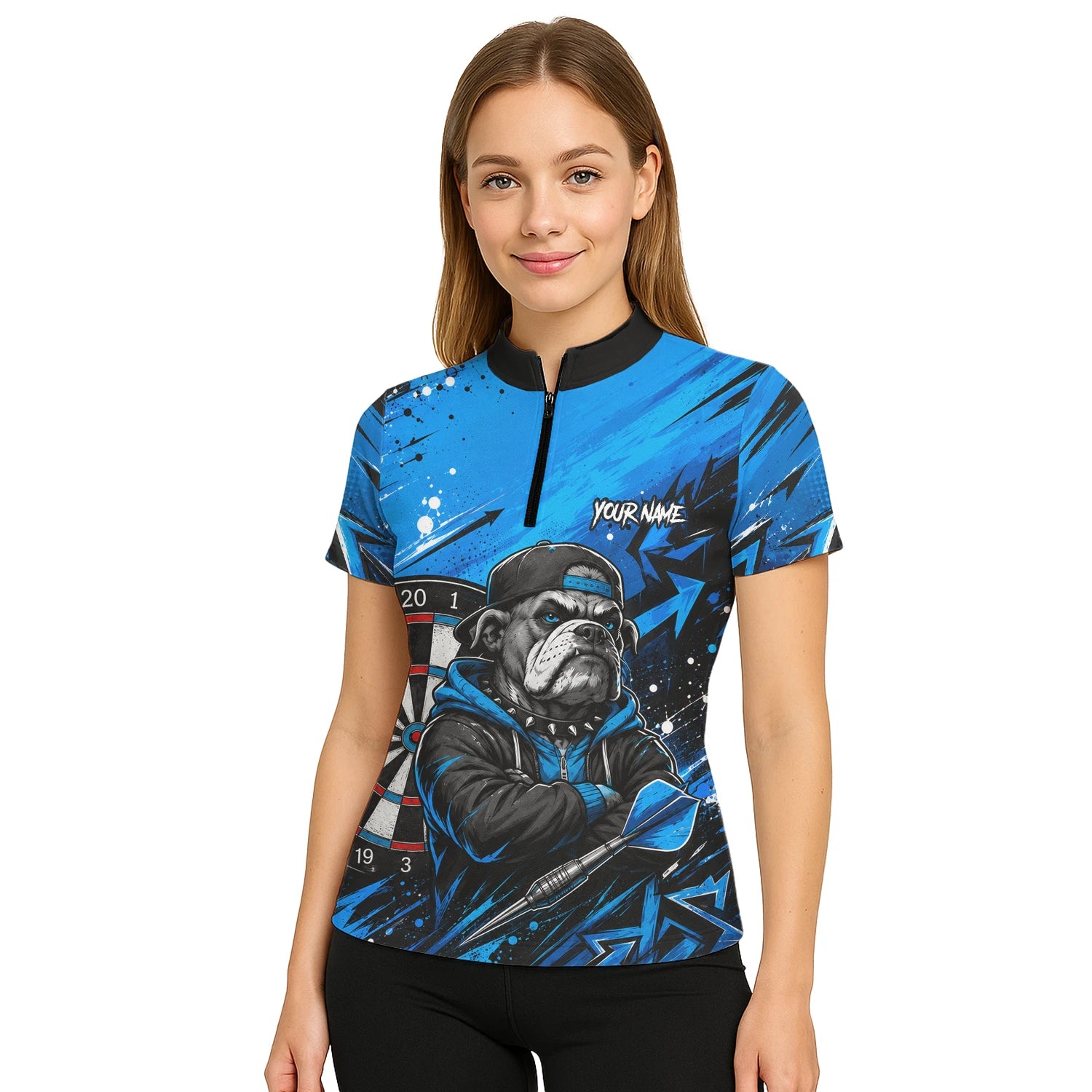 Personalised Blue & Black Bulldog Darts Shirt For Women D529
