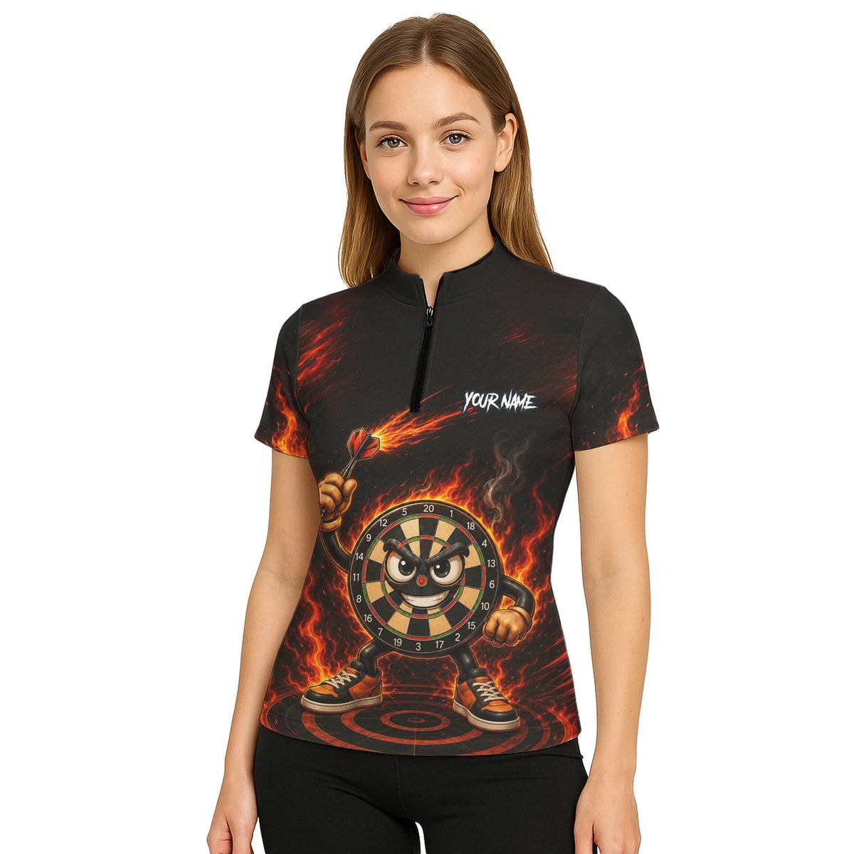 Personalised Black & Red Fiery Dartboard Character Darts Shirt For Women W224