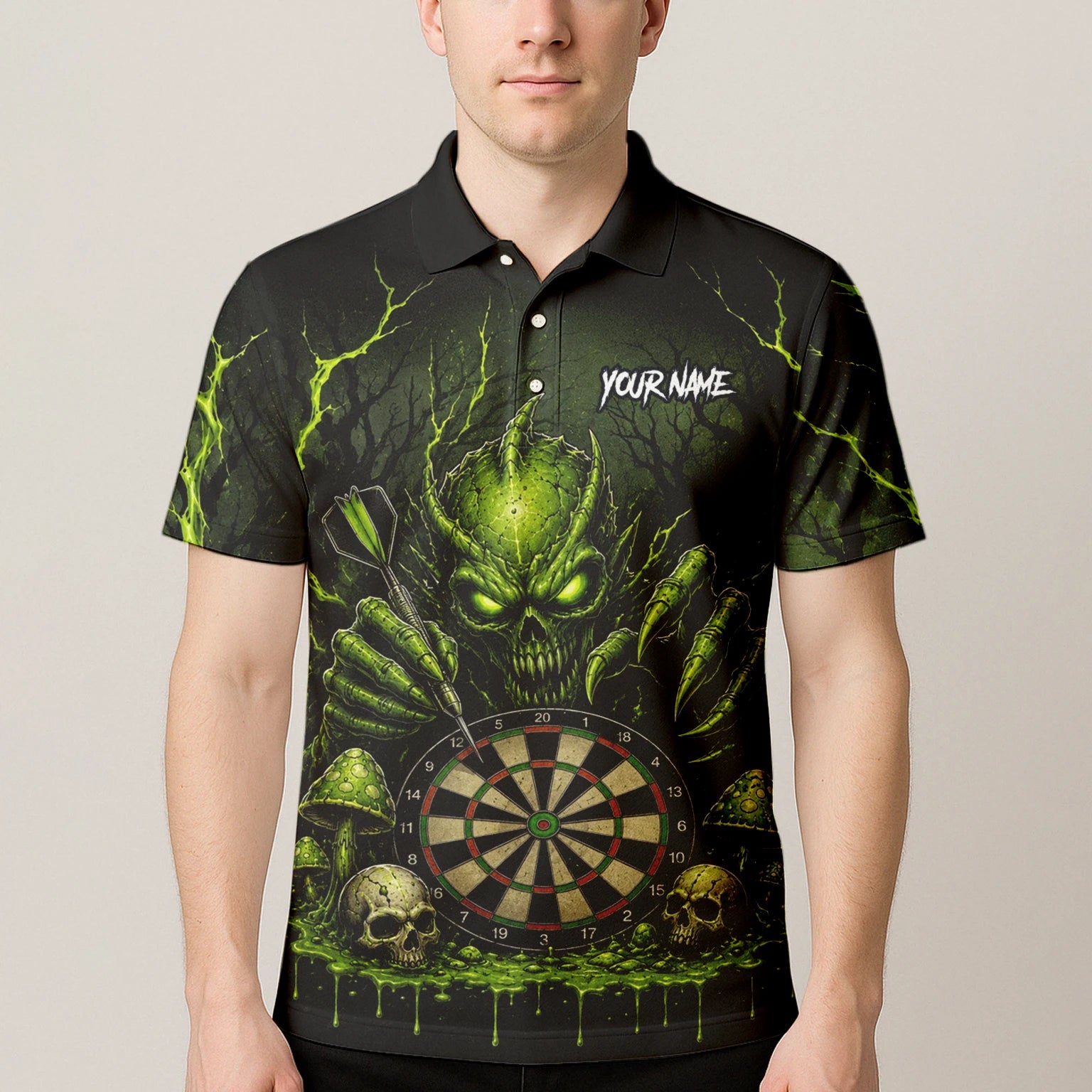Personalised Black Green Monster Skull Dartboard Darts Shirt For Men A277