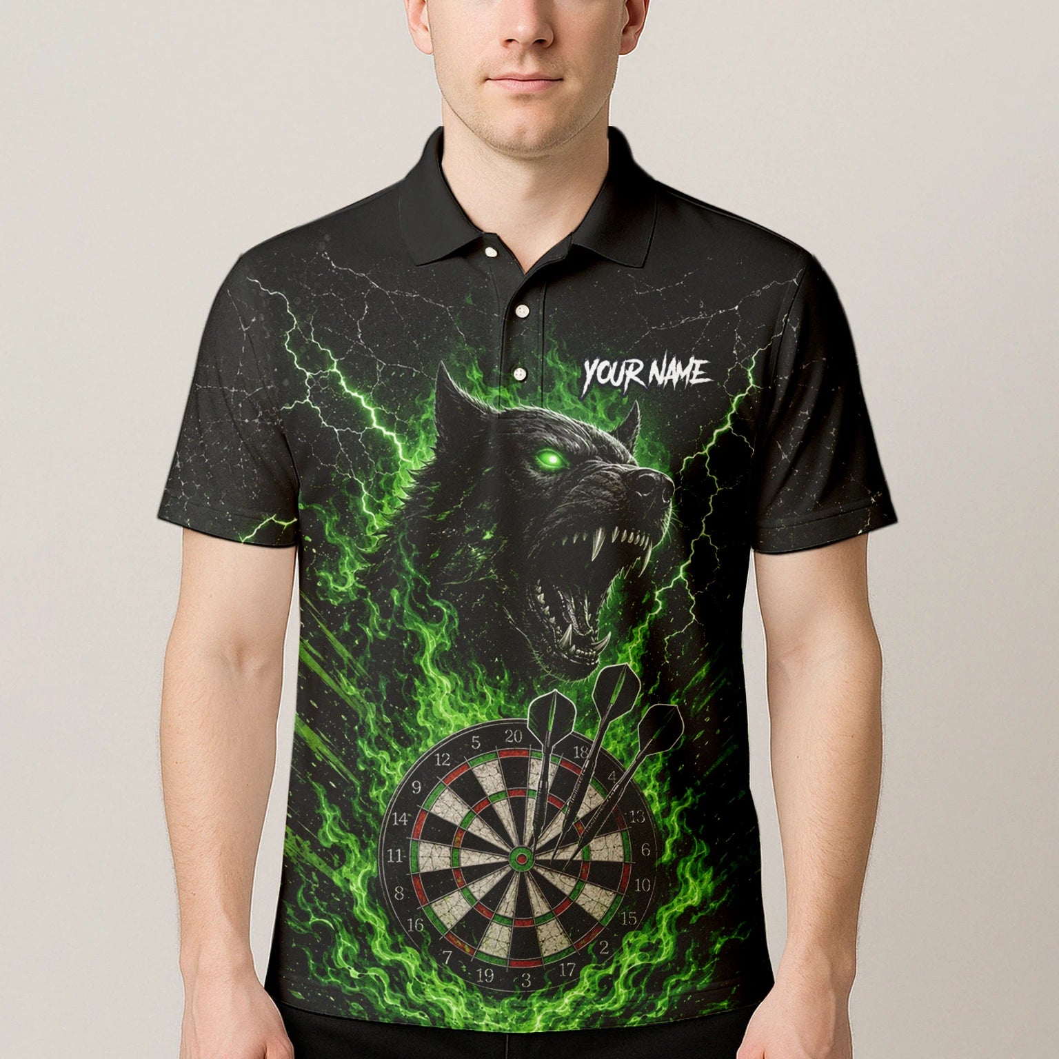 Personalised Black & Green Wolf Dartboard Darts Shirt For Men F303