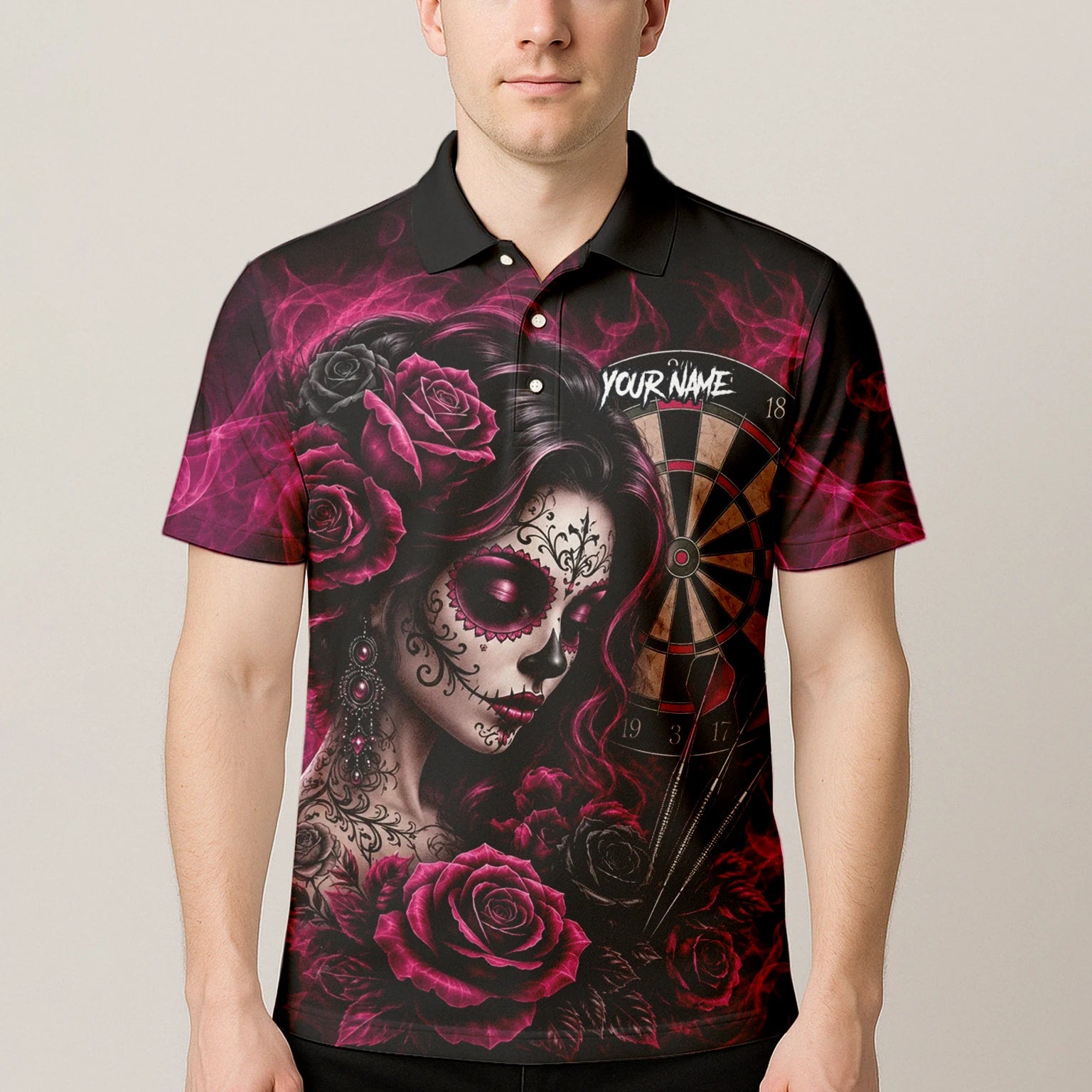 Personalised Black & Pink Sugar Skull Roses Darts Shirt For Men Z109