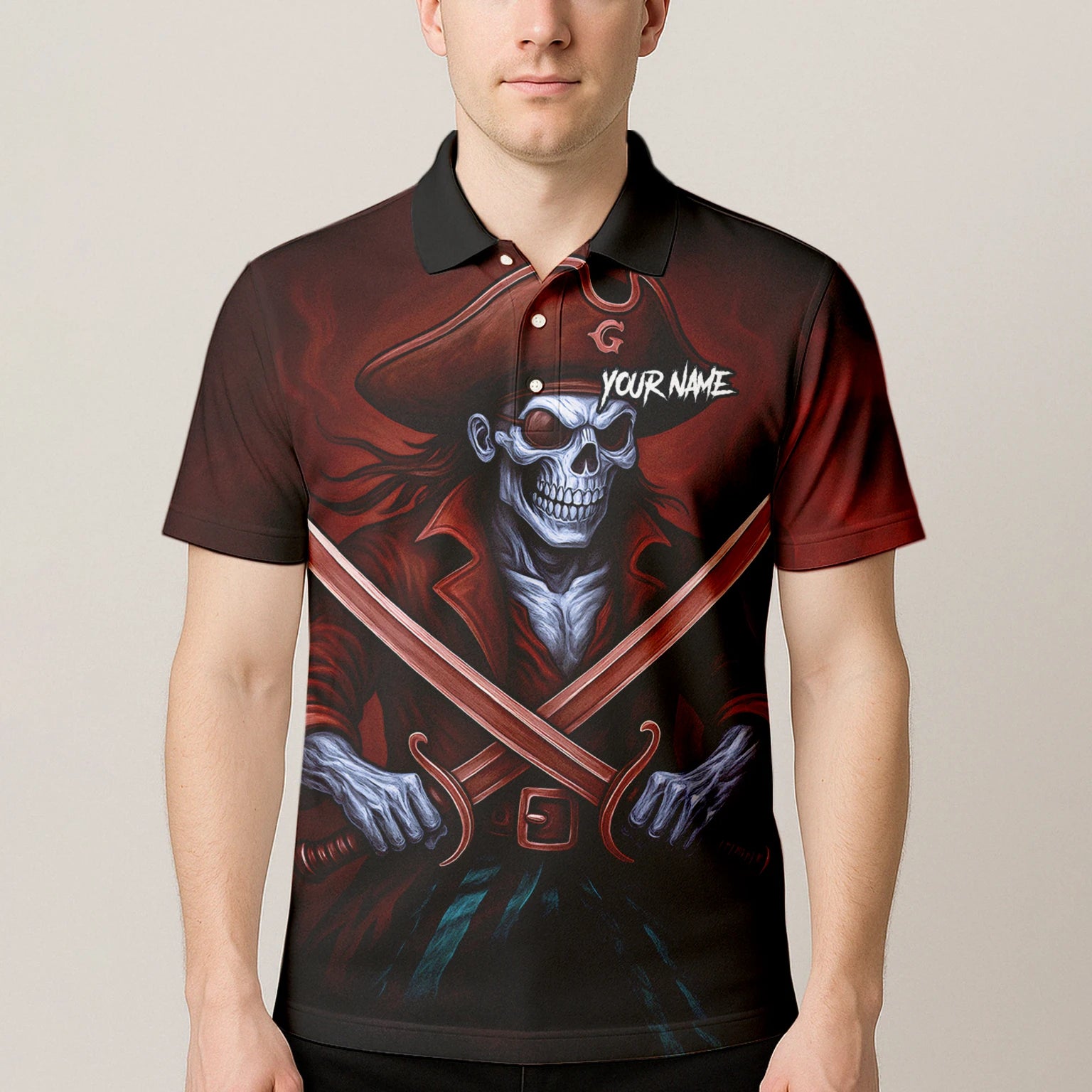 Personalised Red & Black Pirate Skull Crossed Swords Darts Shirt For Men TR8209