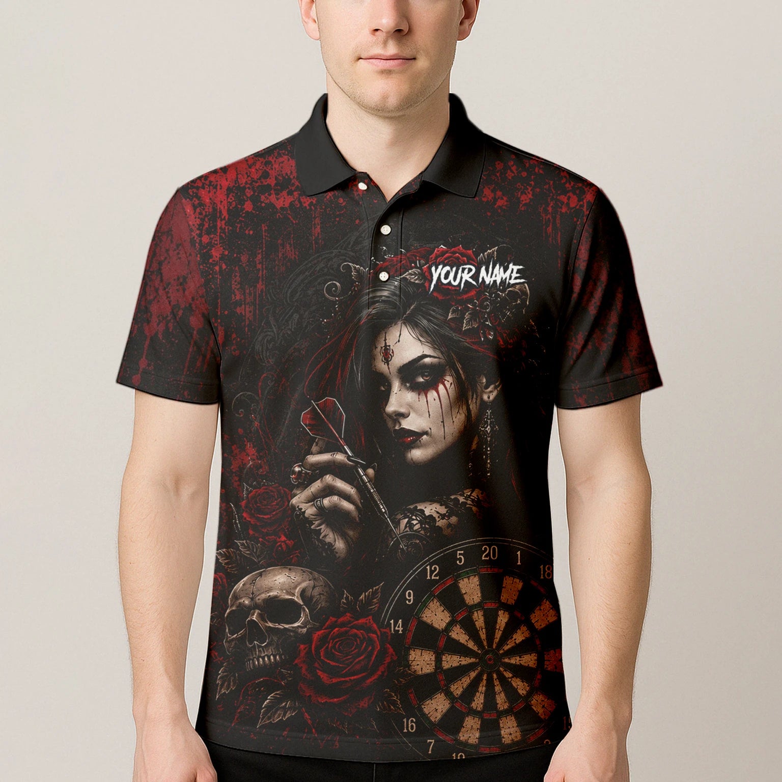 Personalised Black & Red Gothic Woman Skull Darts Shirt For Men W035