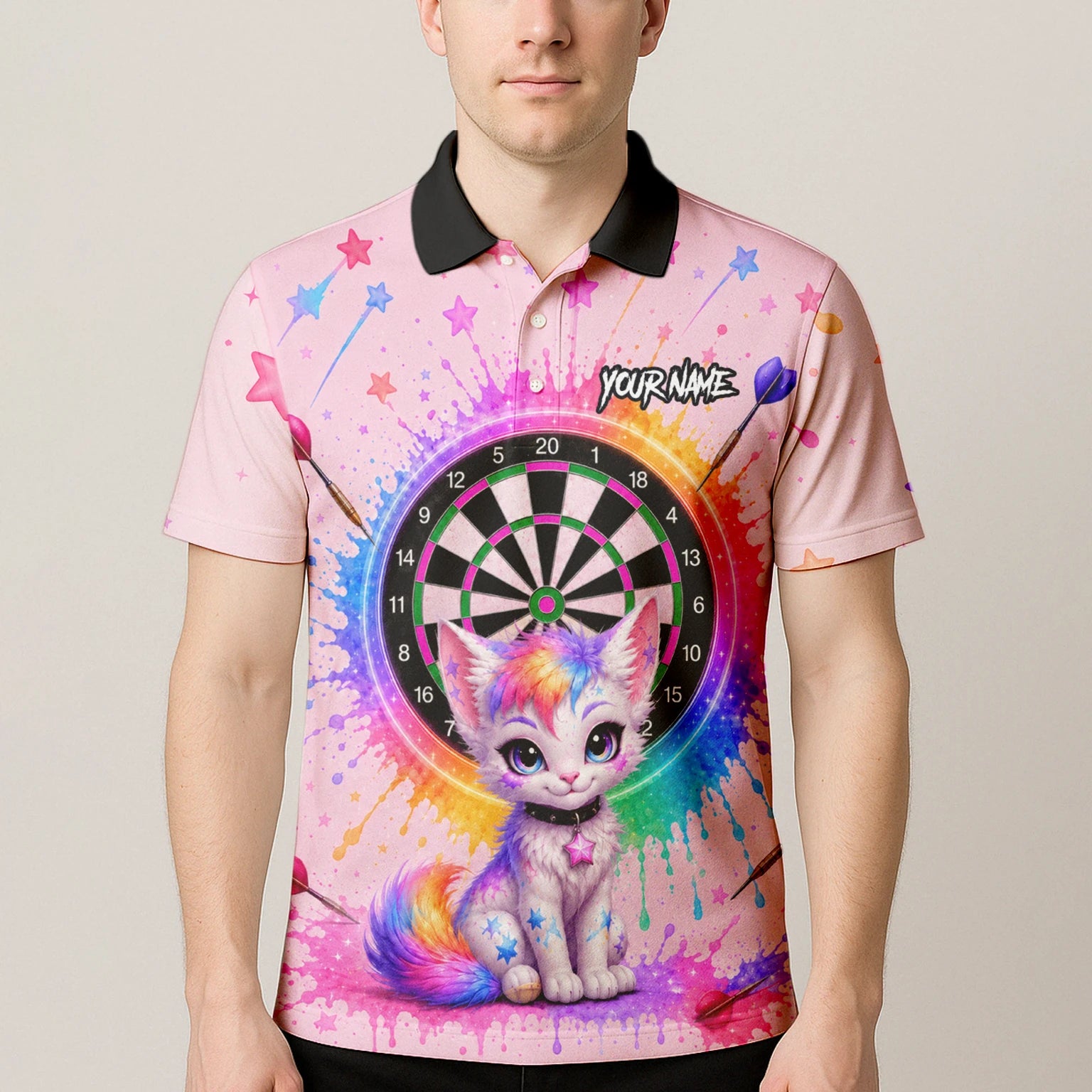 Personalised Pink Rainbow Kitten Dartboard Darts Shirt For Men X398