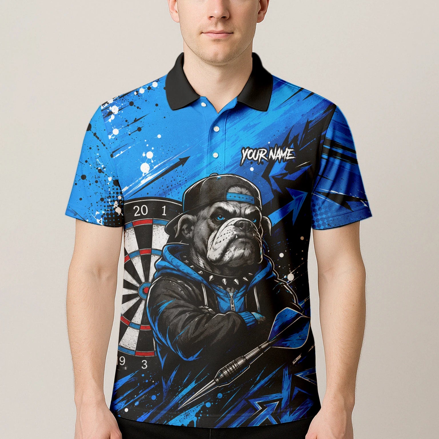 Personalised Blue & Black Bulldog Darts Shirt For Men D529