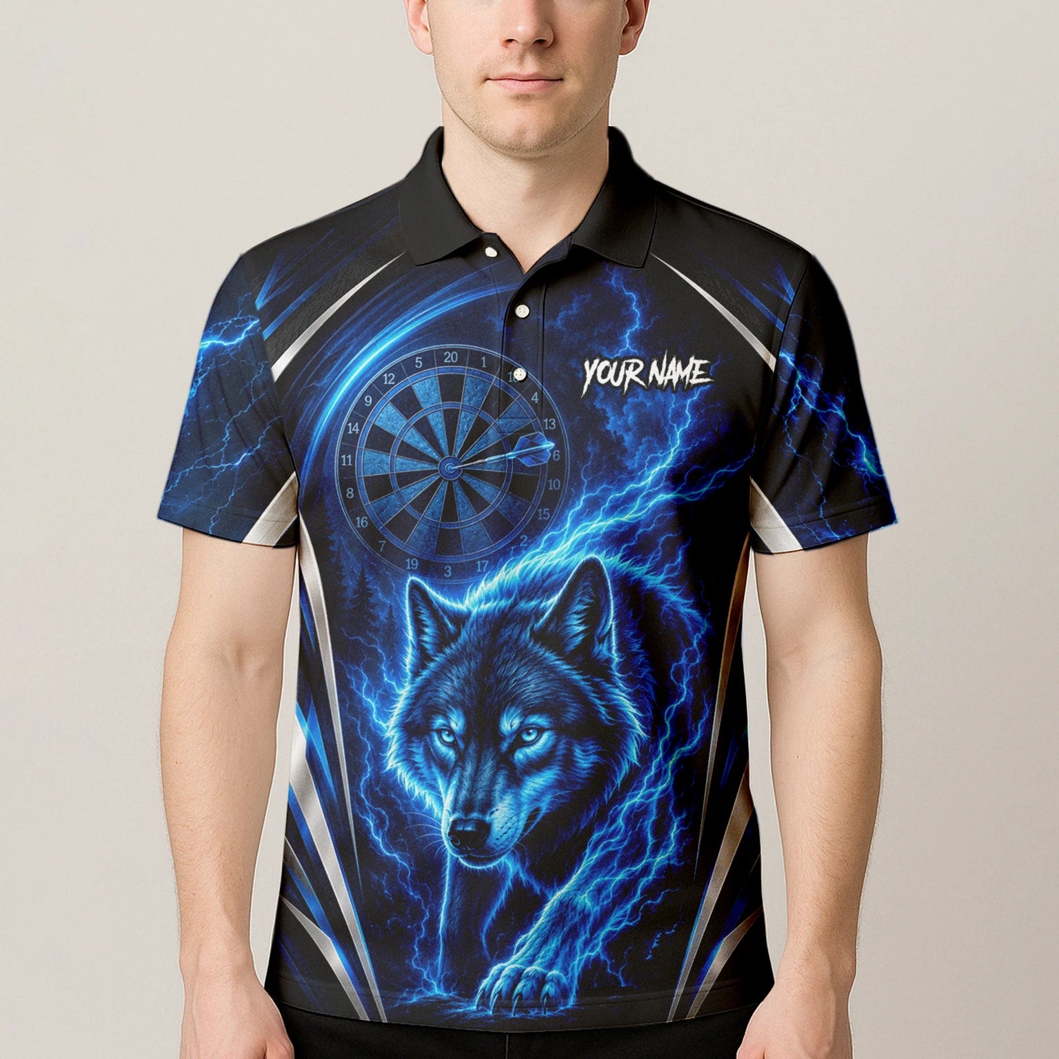 Personalised Black & Blue Wolf Lightning Darts Shirt For Men X929