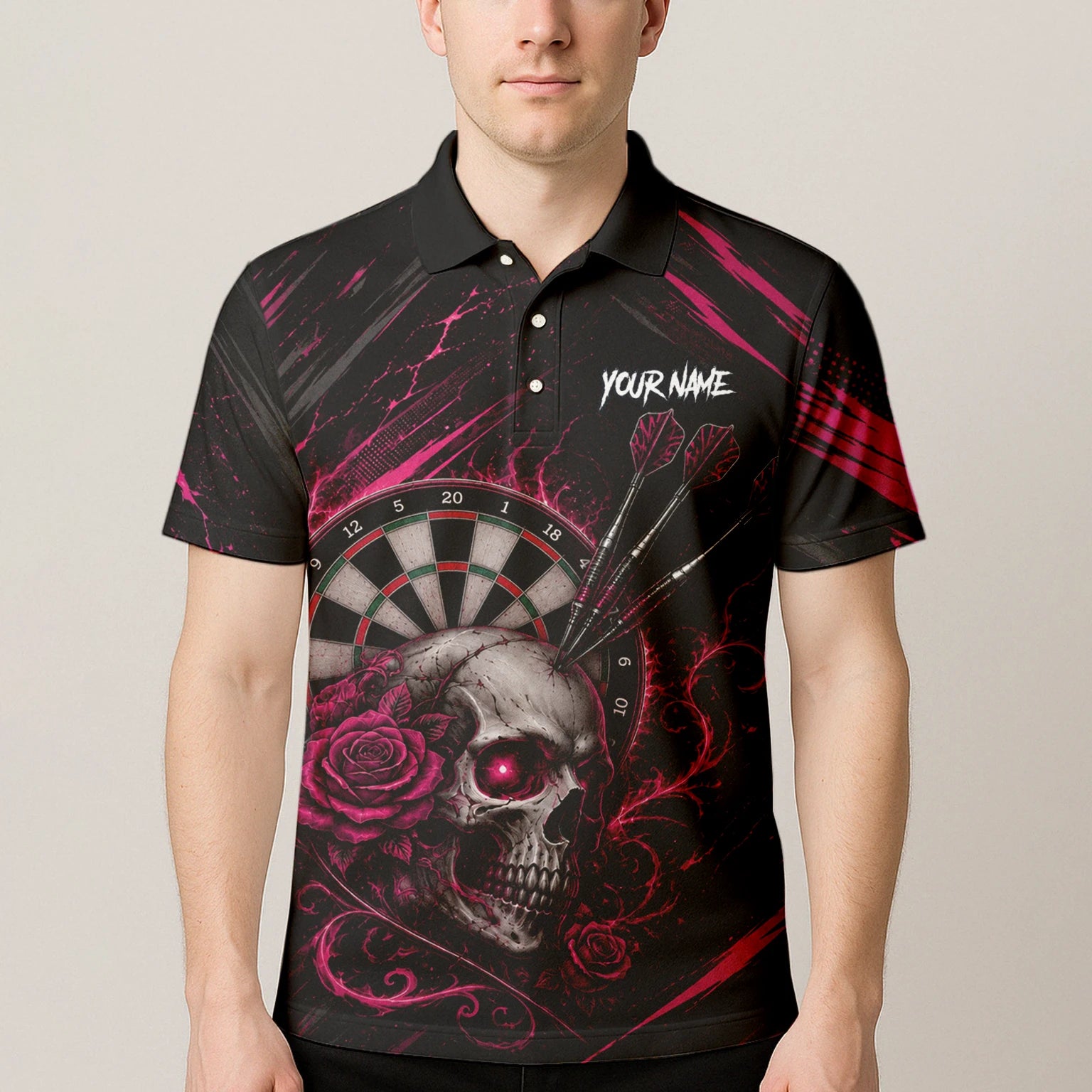 Personalised Black & Pink Skull and Roses Darts Shirt For Men V308