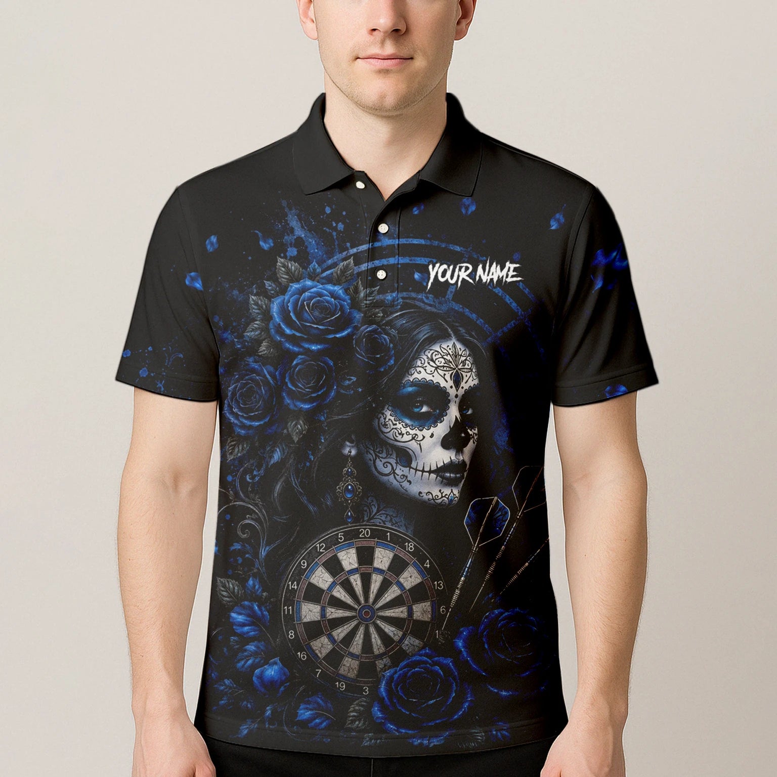 Personalised Black & Blue Sugar Skull Roses Darts Shirt For Men I884