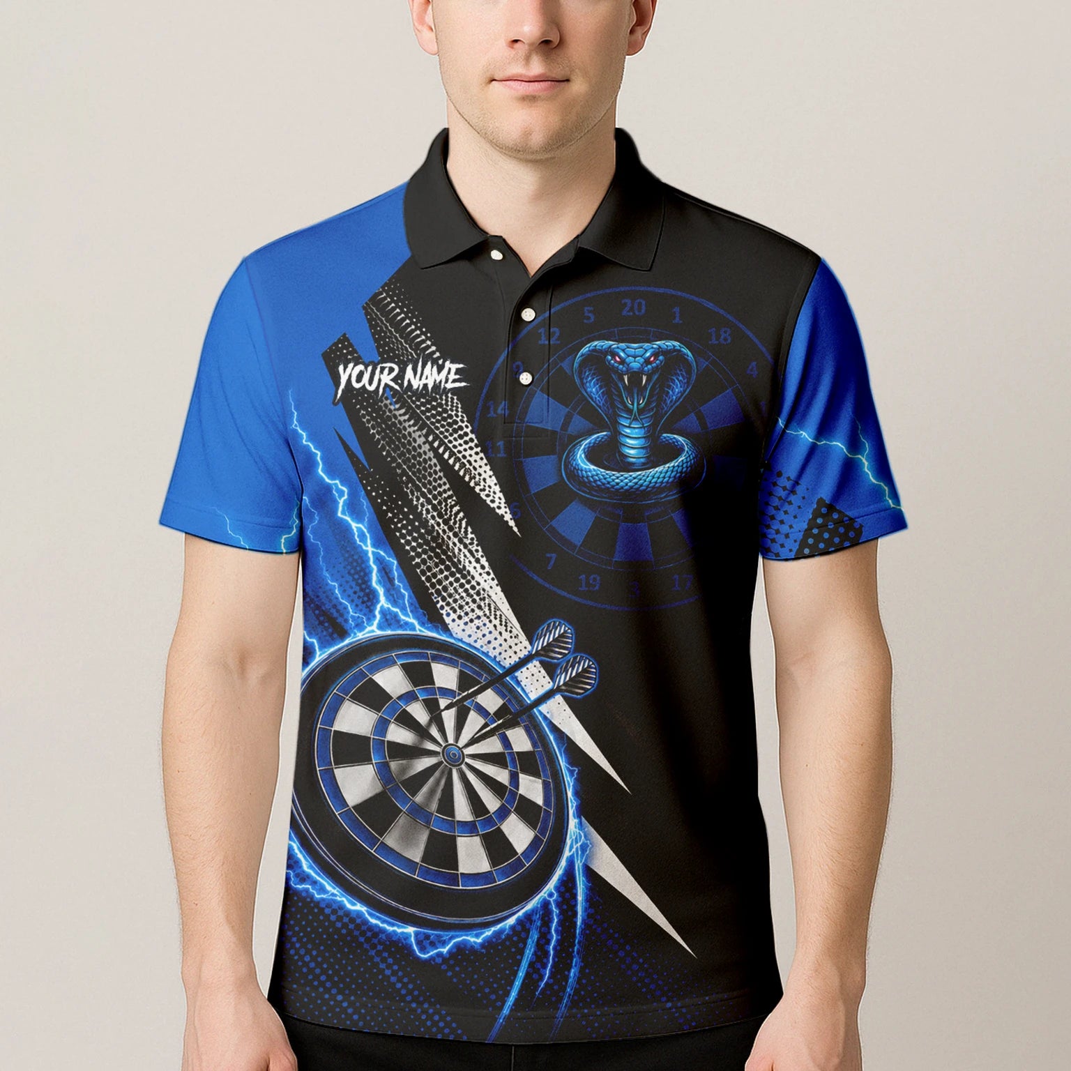 Personalised Blue Lightning Cobra Darts Polo Shirt For Men S015