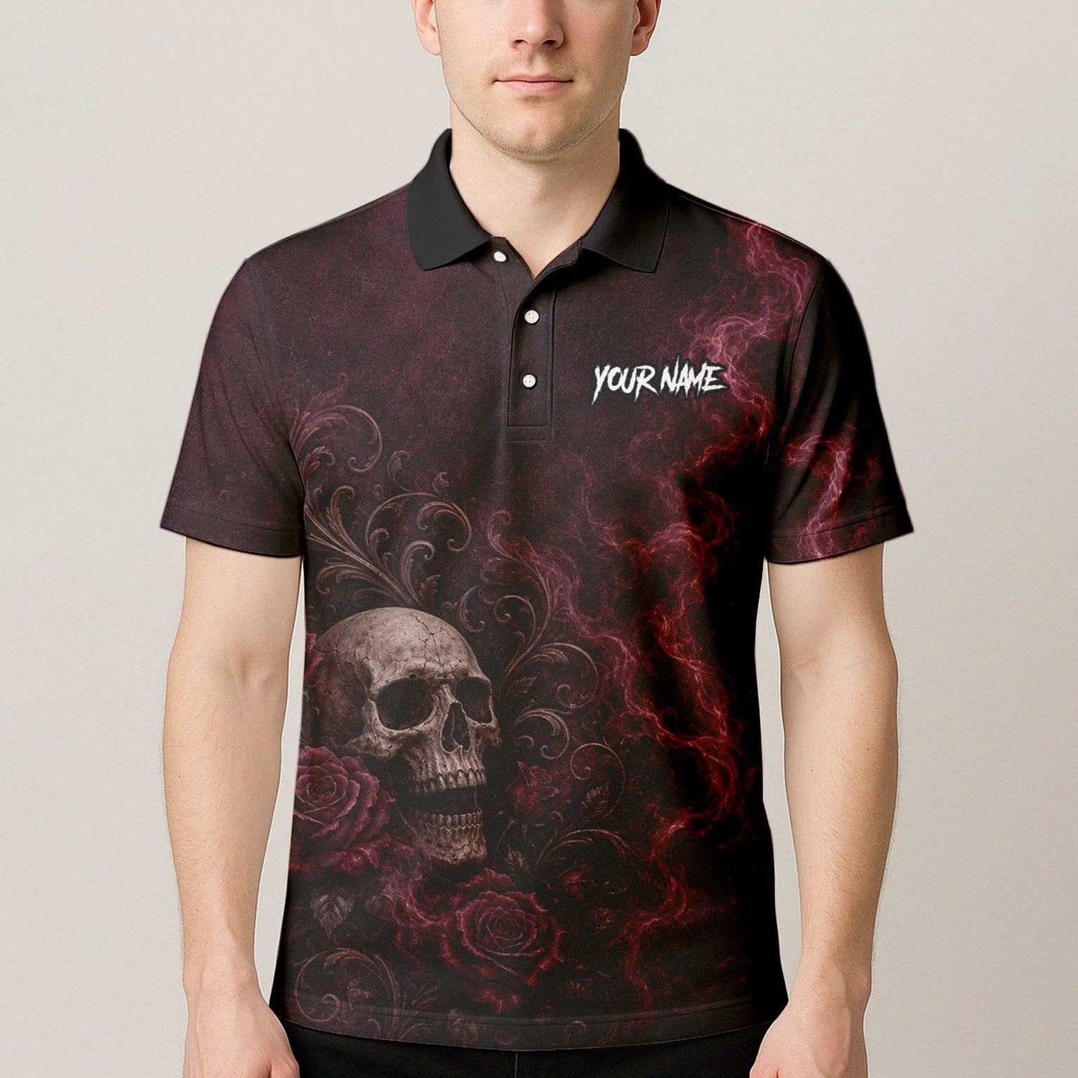 Personalised Burgundy & Black Skull Rose Darts Shirt For Men U786