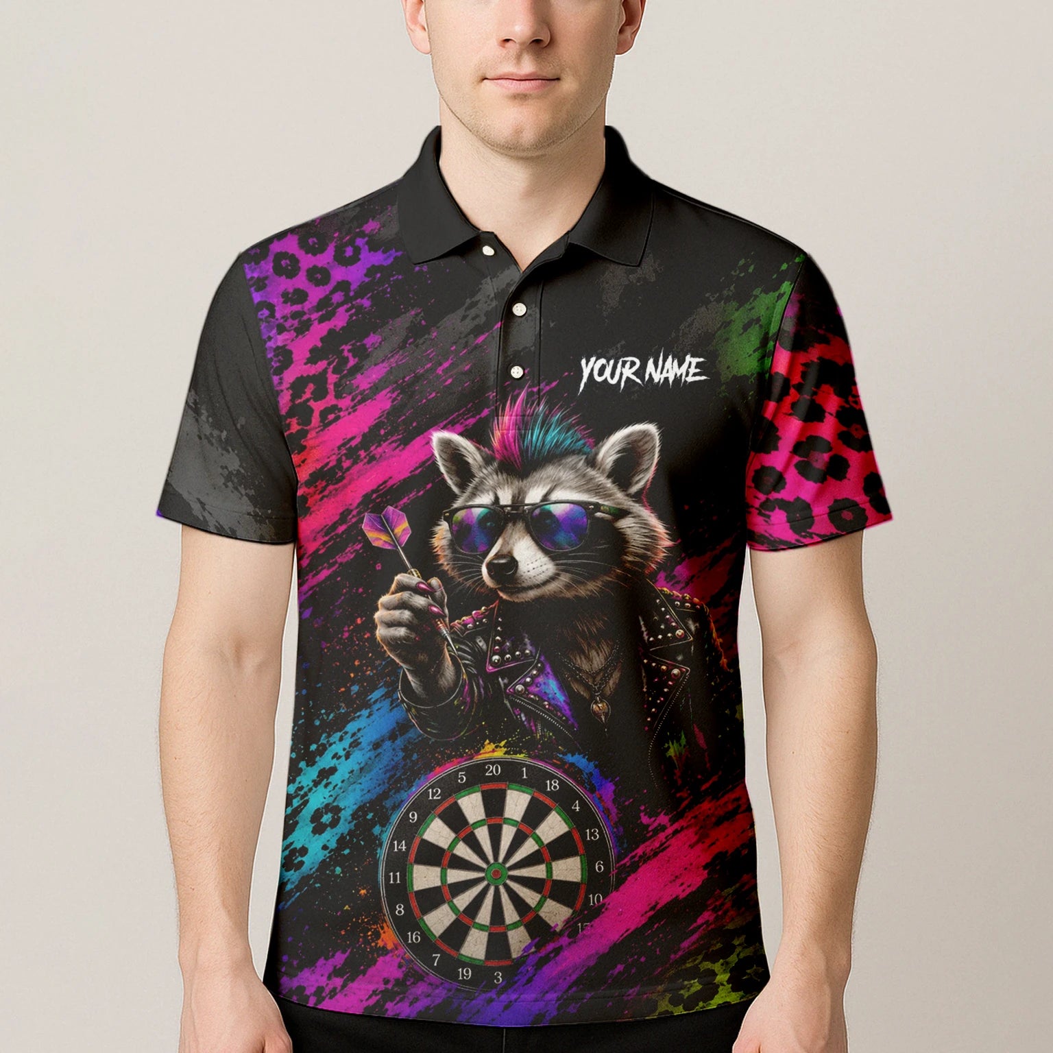 Personalised Black Multicolour Punk Raccoon Dartboard Darts Shirt For Men E164