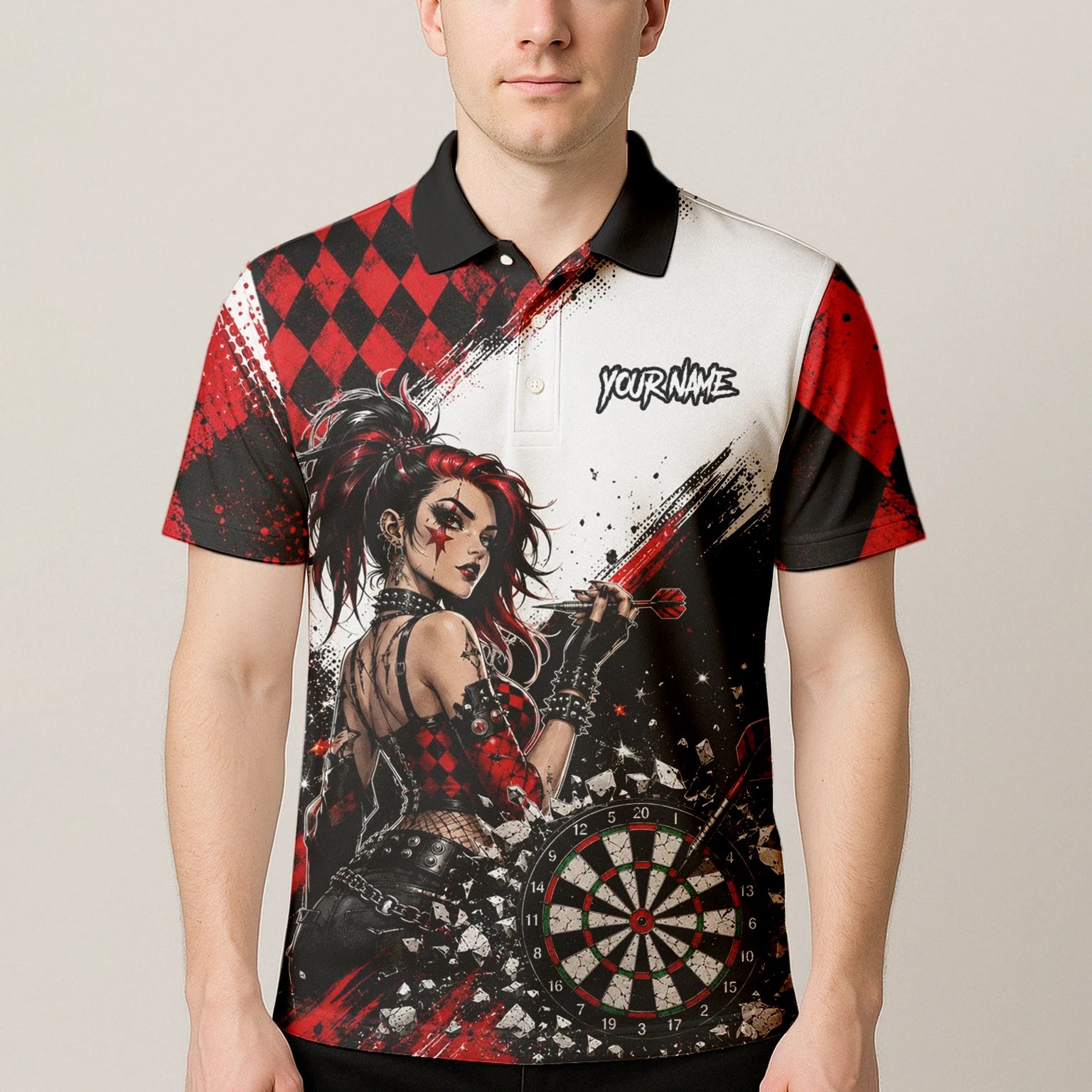 Personalised Red & Black Gothic Harlequin Darts Polo Shirt For Men K572