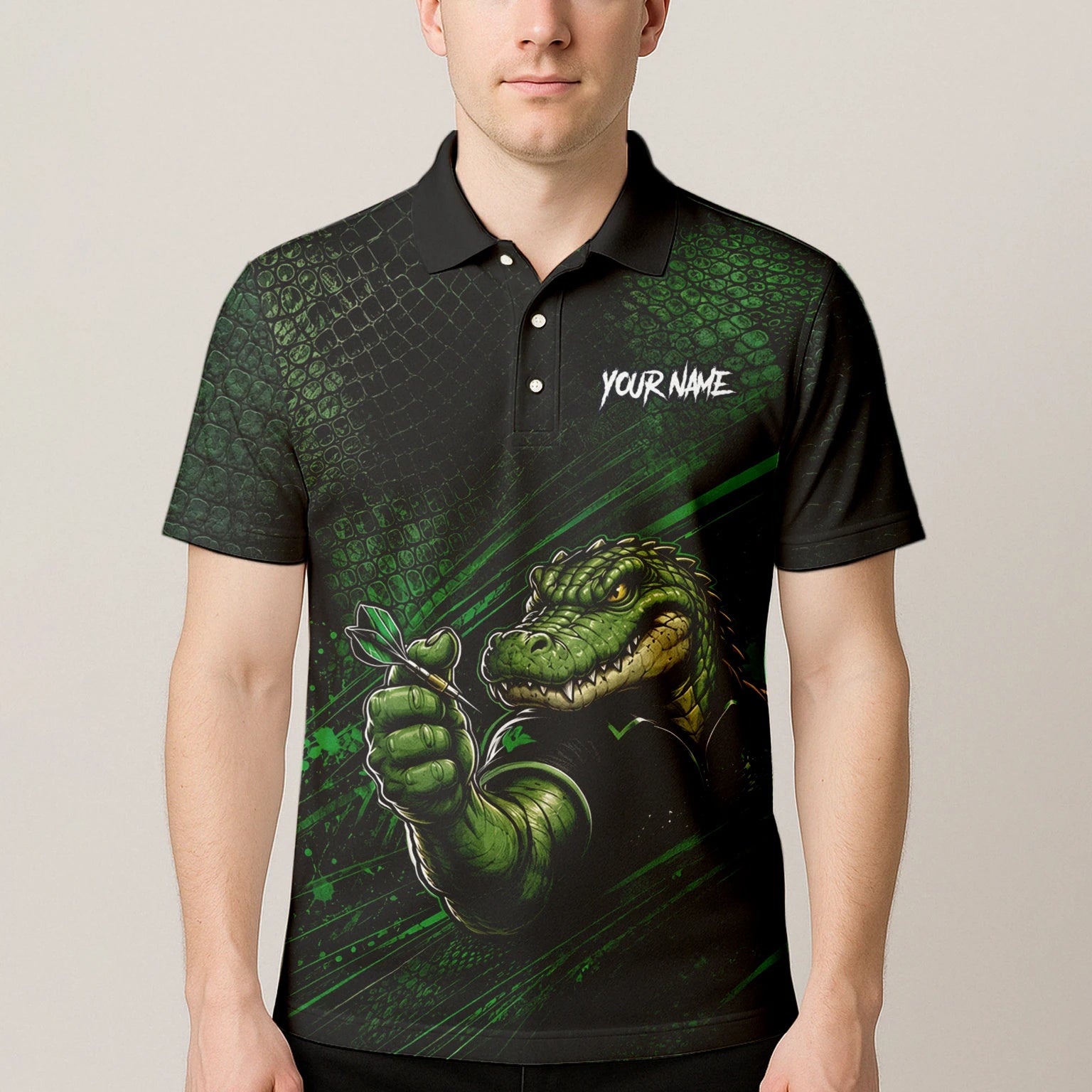 Personalised Black & Green Crocodile Darts Player Shirt For Men I987