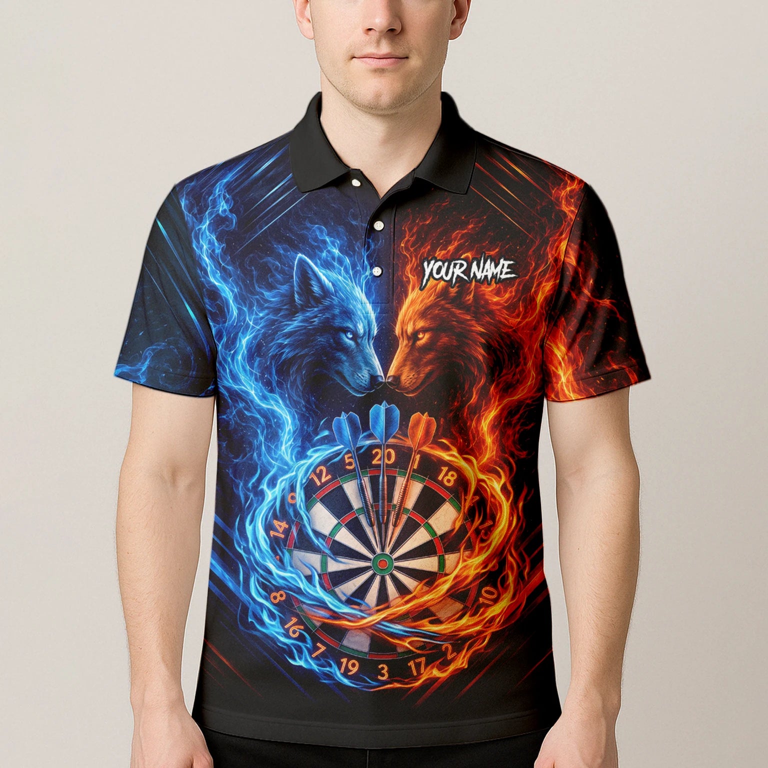 Personalised Blue & Orange Wolf Flame Dartboard Darts Shirt For Men A749