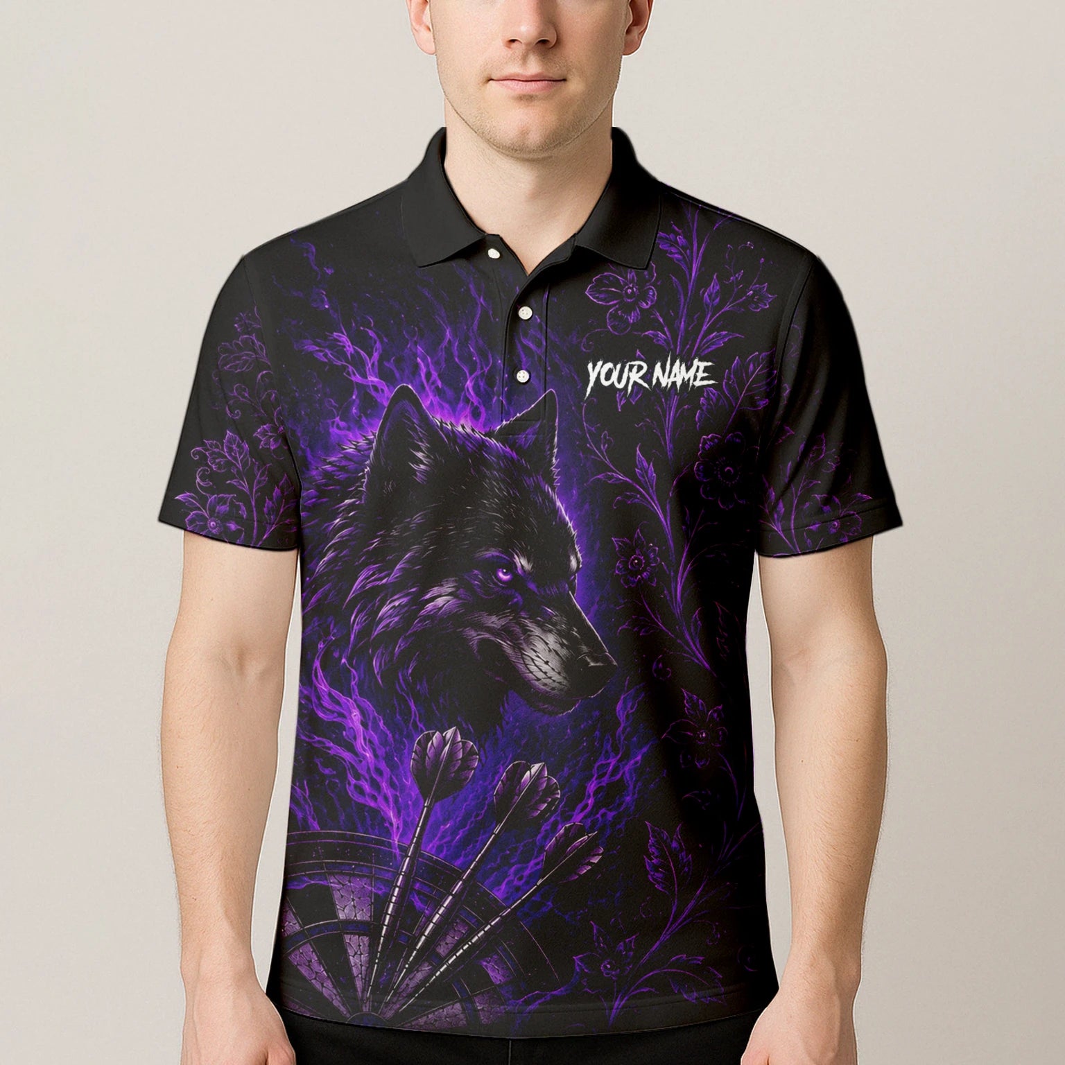 Personalised Black & Purple Wolf Dartboard Darts Shirt For Men J133