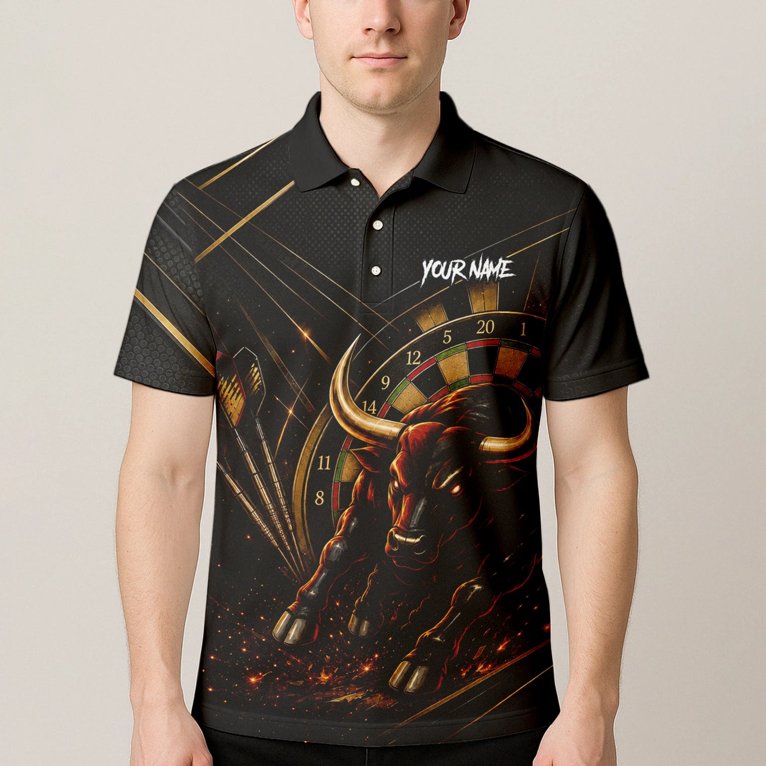Personalised Black & Gold Bull Darts Polo Shirt For Men K607