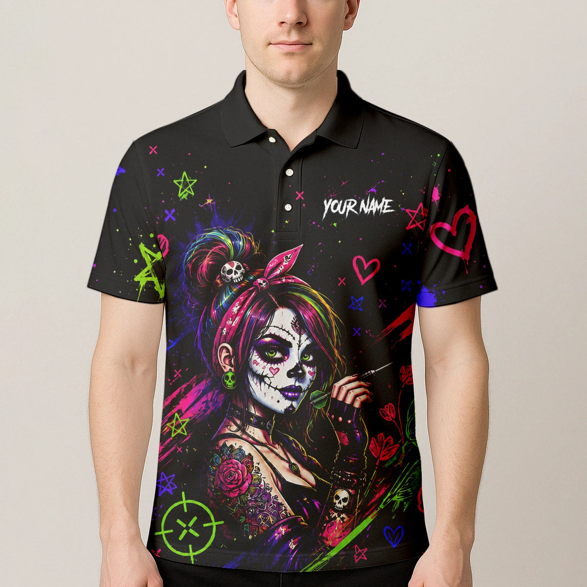Personalised Black Neon Sugar Skull Woman Darts Shirt For Men K745